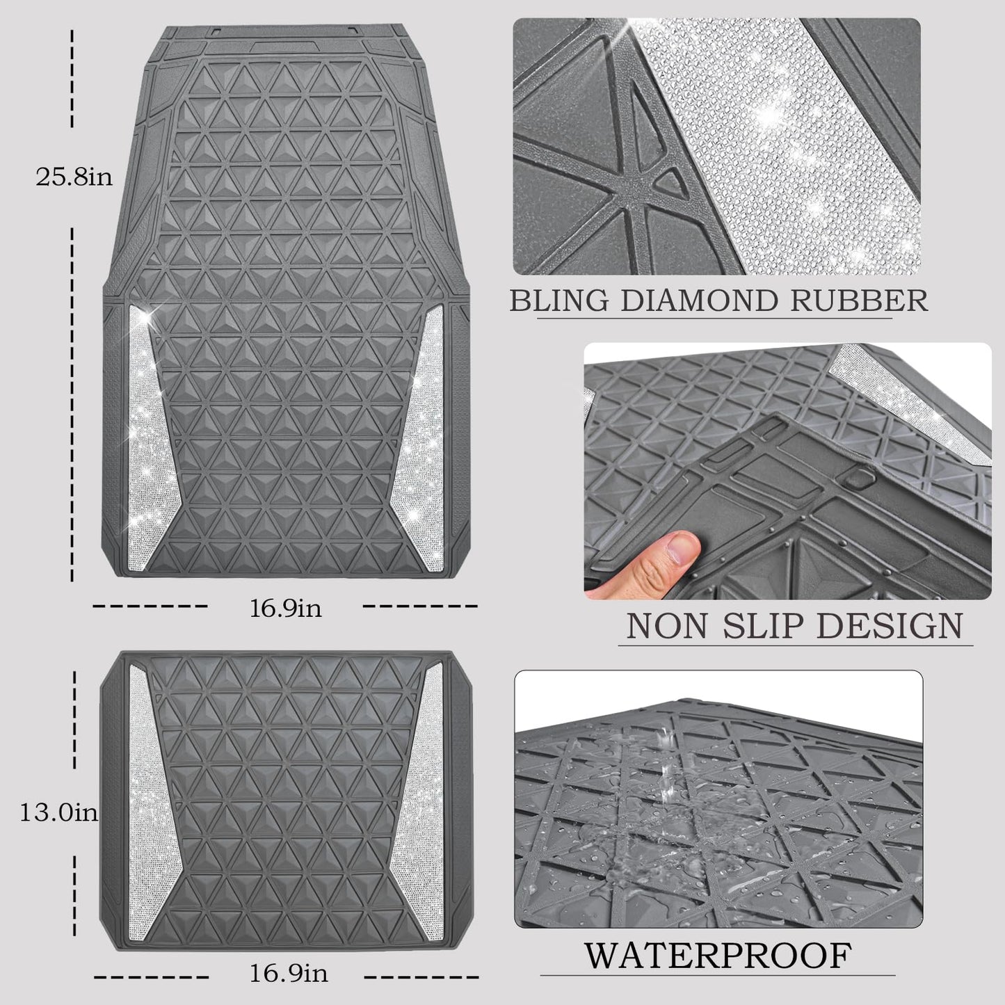 CAR PASS Bling Car Mats Diamond Rubber Floor Mats Full Set Anti-Slip 3D Rhombus Waterproof Trim to Fit Liner Universal Glitter Crystal Sparkly Shining Rhinestone Girl Women SUV Sedan Van, Black Silver