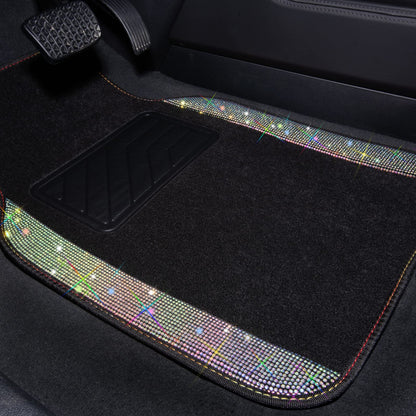 CAR PASS Bling Diamond Car Floor Mats, Shining Rhinestone Carpet Sparkly Glitter Crystal with Anti-Slip PVC Heel Pad Waterproof Universal Fit Automotive SUV,Sedan,Van,Cute Girl Women,4pcs Black Sliver