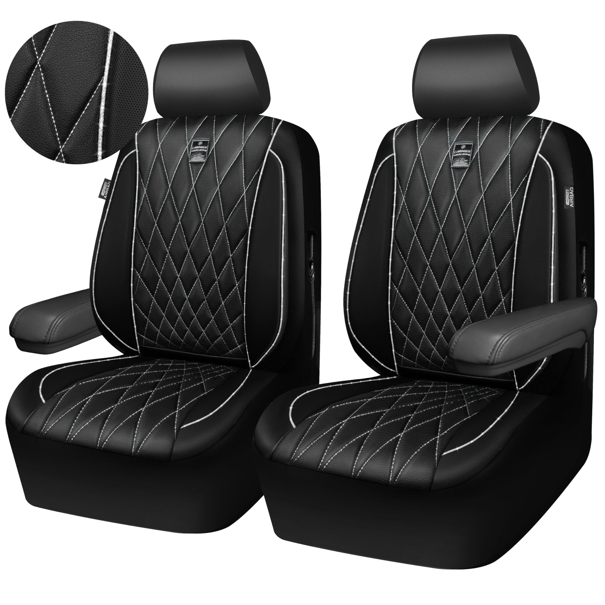 CAR PASS Piping Luxury Faux PU Leather Two Front Car Seat Covers, Waterproof Anti Slip Seat Covers Compatible with Front Seat Armrests,Universal Fit for Suvs,Vans,Trucks, Airbag Compatible(All Black)