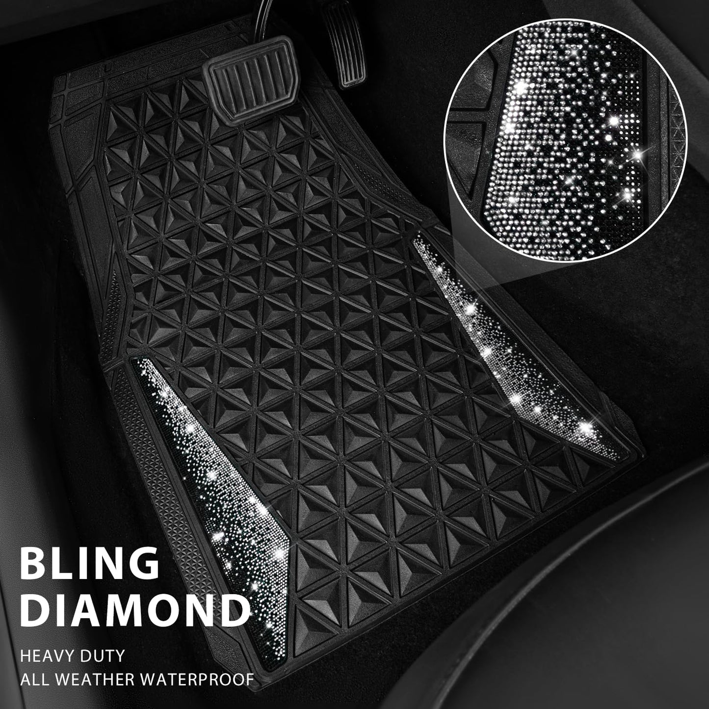 CAR PASS Bling Car Mats Diamond Rubber Floor Mats Full Set Anti-Slip 3D Rhombus Waterproof Trim to Fit Liner Universal Glitter Crystal Sparkly Shining Rhinestone Girl Women SUV Sedan Van, Black Silver