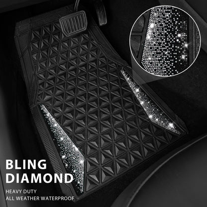 CAR PASS Bling Car Mats Diamond Rubber Floor Mats Full Set Anti-Slip 3D Rhombus Waterproof Trim to Fit Liner Universal Glitter Crystal Sparkly Shining Rhinestone Girl Women SUV Sedan Van, Black Silver