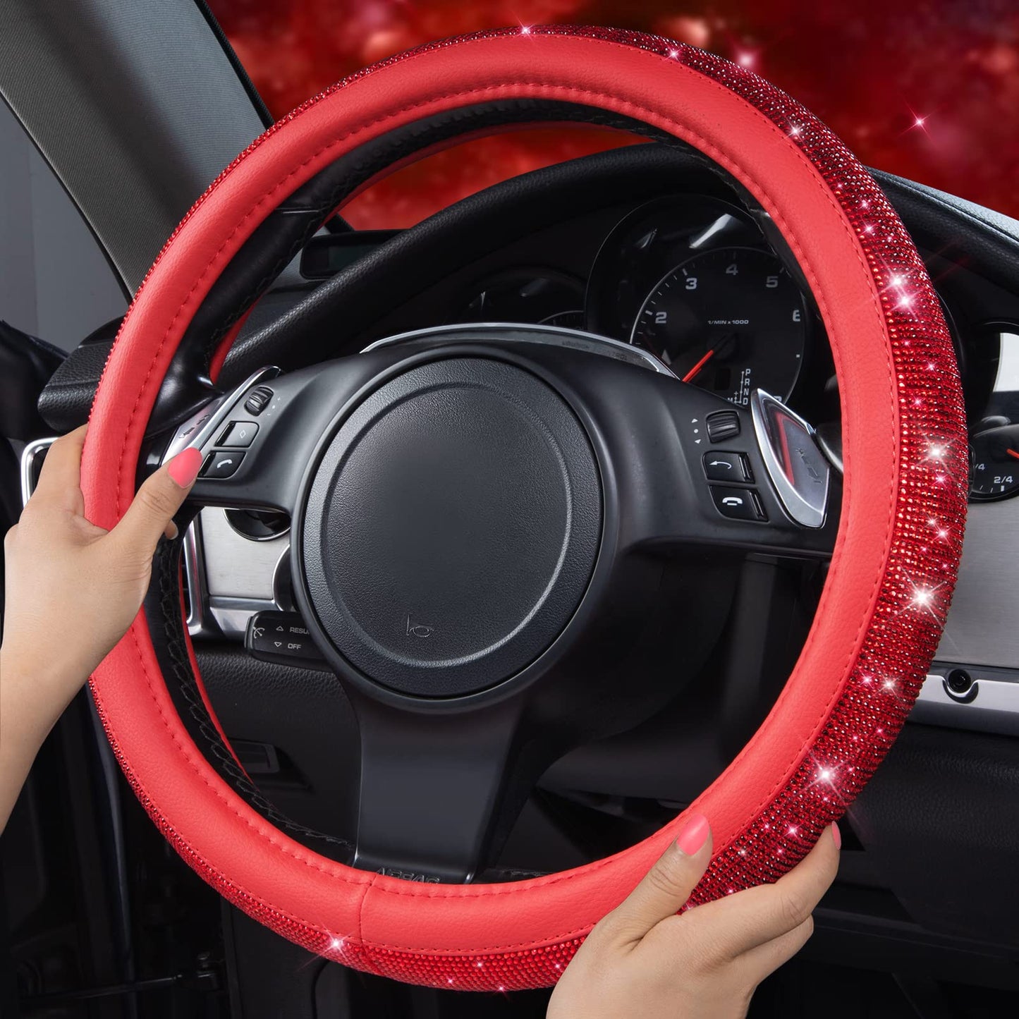 CAR PASS Bling Diamond Leather Steering Wheel Cover, With Sparkly Crystal Glitter Rhinestones Universal Fit 14"1/2-15" Car Wheel Protector for Women Girl Fit Suvs,Vans,Sedans,Car,Trucks, Black Diamond