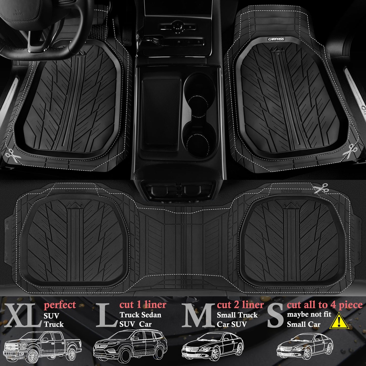 CAR PASS DeepDish Floor Mats for Cars, Heavy Duty Rubber Car Mats 3-Piece, Universal M~XL Size Trim-to Fit Automotive Floor Mats for Truck Van SUV Durable Waterproof All Weather Car Mats (Solid Black)