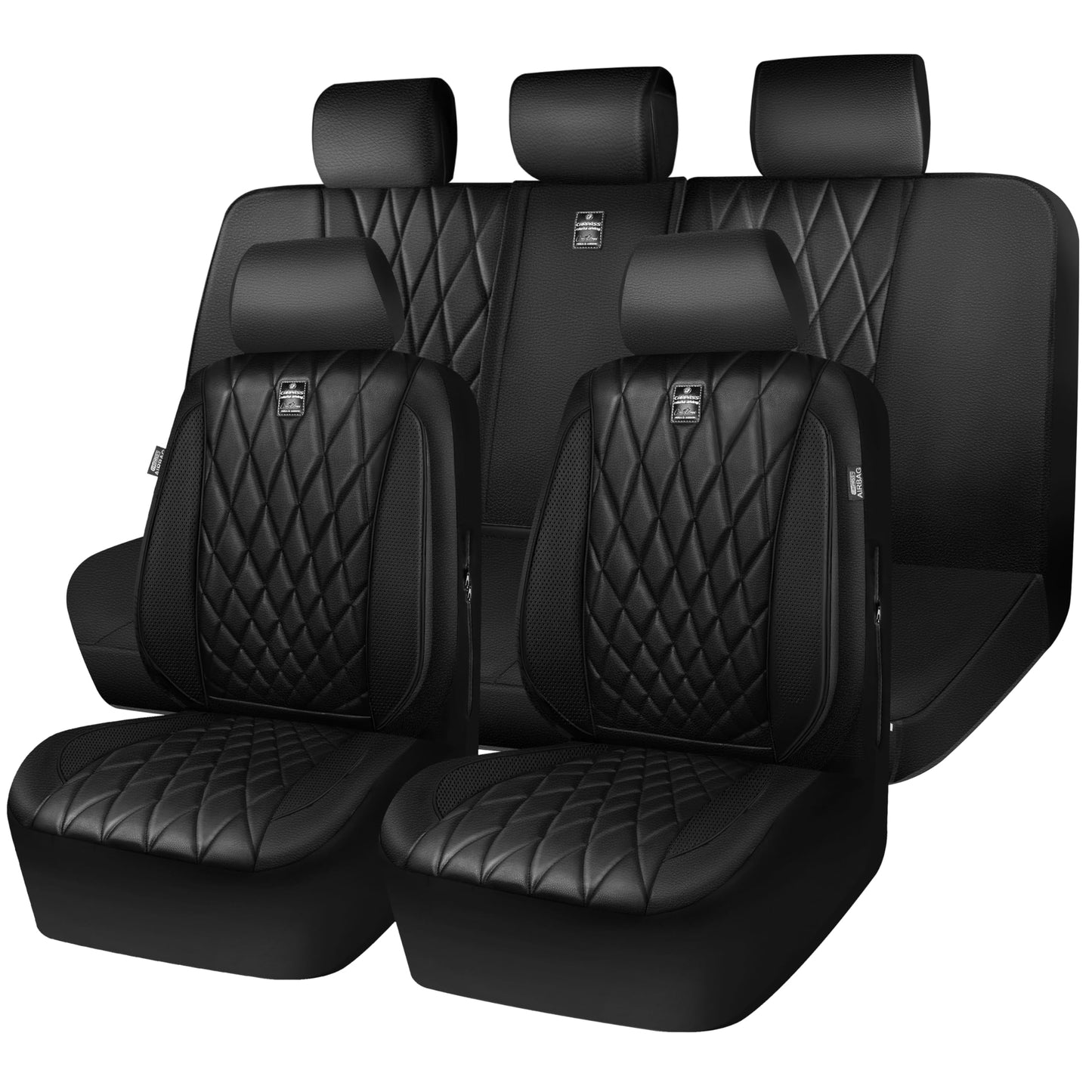 CAR PASS Piping Luxury Faux PU Leather Two Front Car Seat Covers, Waterproof Anti Slip Seat Covers Compatible with Front Seat Armrests,Universal Fit for Suvs,Vans,Trucks, Airbag Compatible(All Black)