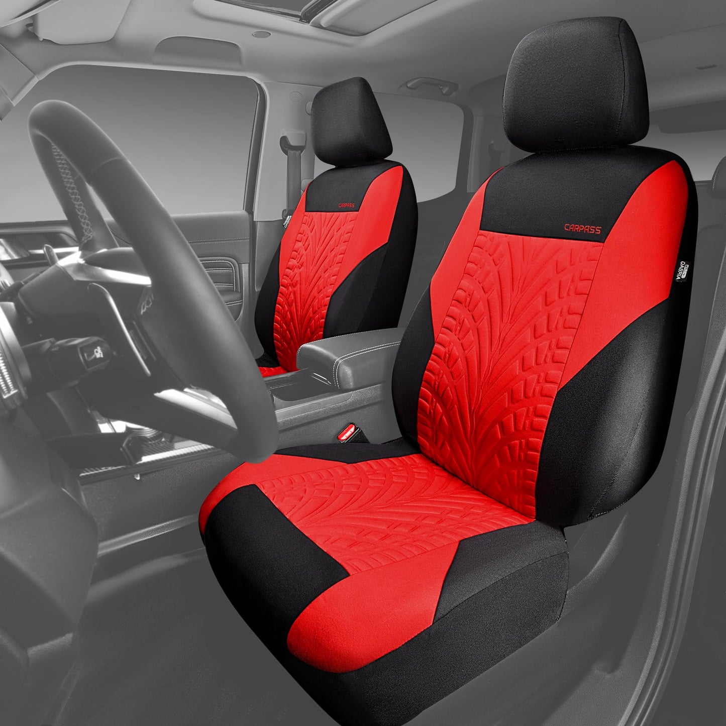 CAR PASS Car Seat Covers Full Sets, Front &amp; Split Rear Bench for Car, 3D Tyre Embossed Automotive Interior Covers, Airbag Compatible, Quick Setup Universal Fit Seat Covers for Car, SUV(All Black)