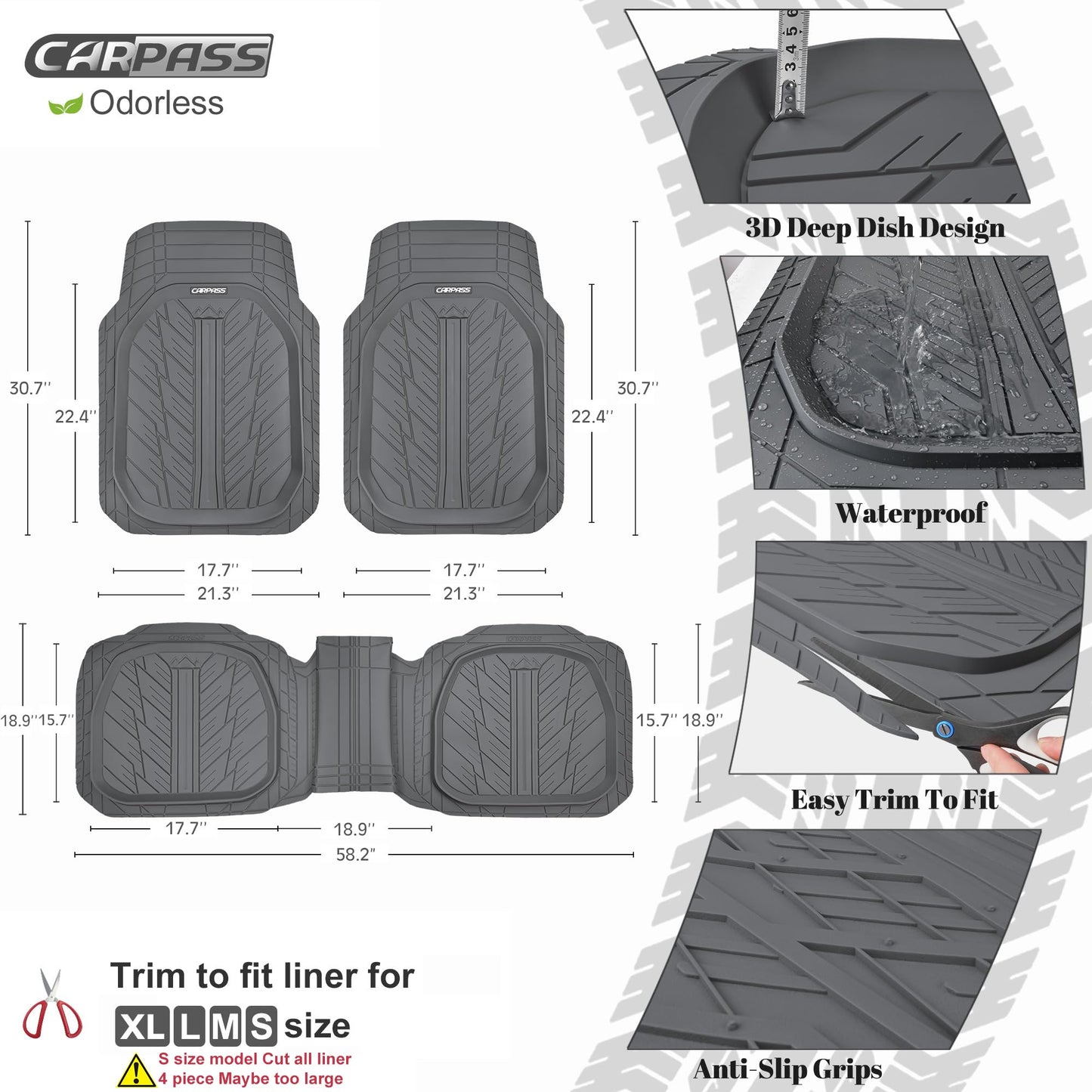 CAR PASS DeepDish Floor Mats for Cars, Heavy Duty Rubber Car Mats 3-Piece, Universal M~XL Size Trim-to Fit Automotive Floor Mats for Truck Van SUV Durable Waterproof All Weather Car Mats (Solid Black)