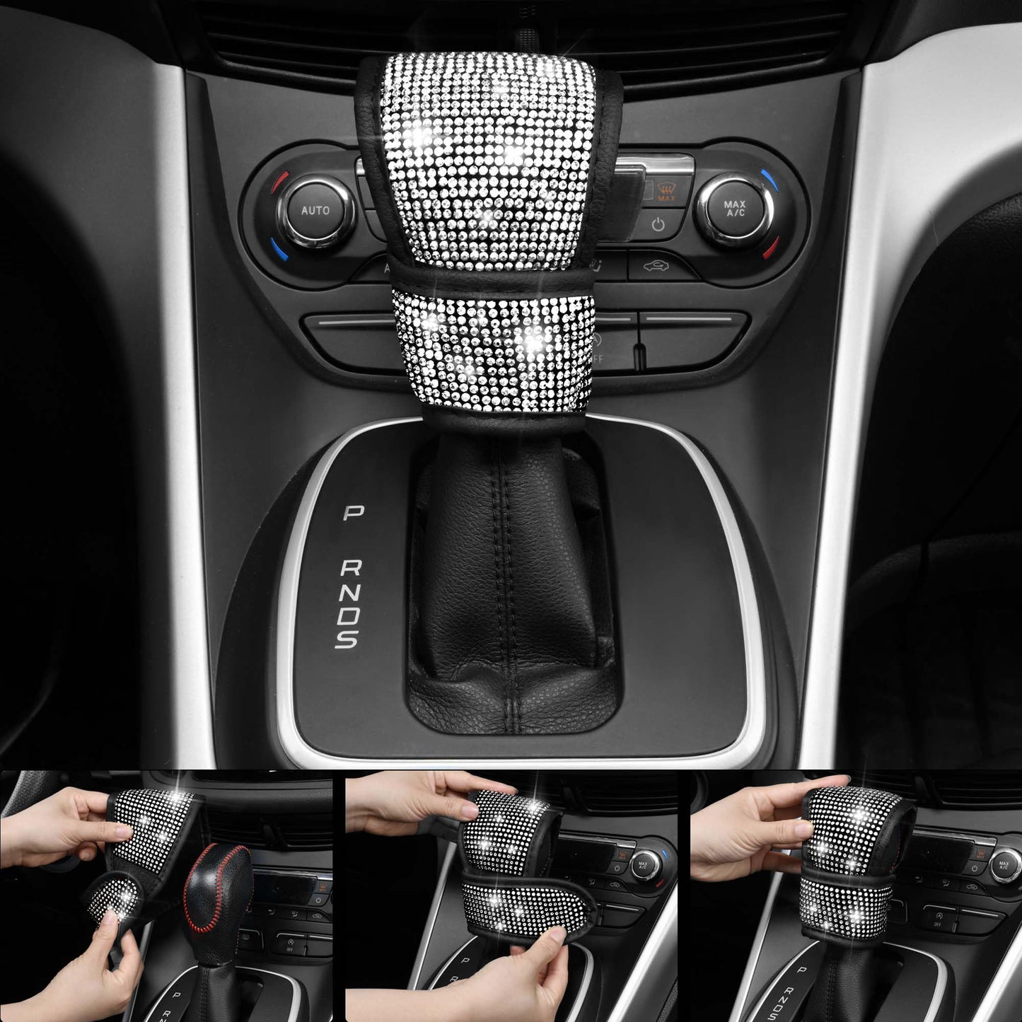 CAR PASS 7 PCS Bling Car Accessories for Women, Sparkly Rhinestone Diamond Steering Wheel Cover, Bling Seat Belt Cushion, Glitter Shift Knob Cover, Car Cup Holder Coaster, Cute Interior Sets Silver