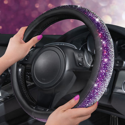 CAR PASS Bling Diamond Leather Steering Wheel Cover, With Sparkly Crystal Glitter Rhinestones Universal Fit 14"1/2-15" Car Wheel Protector for Women Girl Fit Suvs,Vans,Sedans,Car,Trucks, Black Diamond