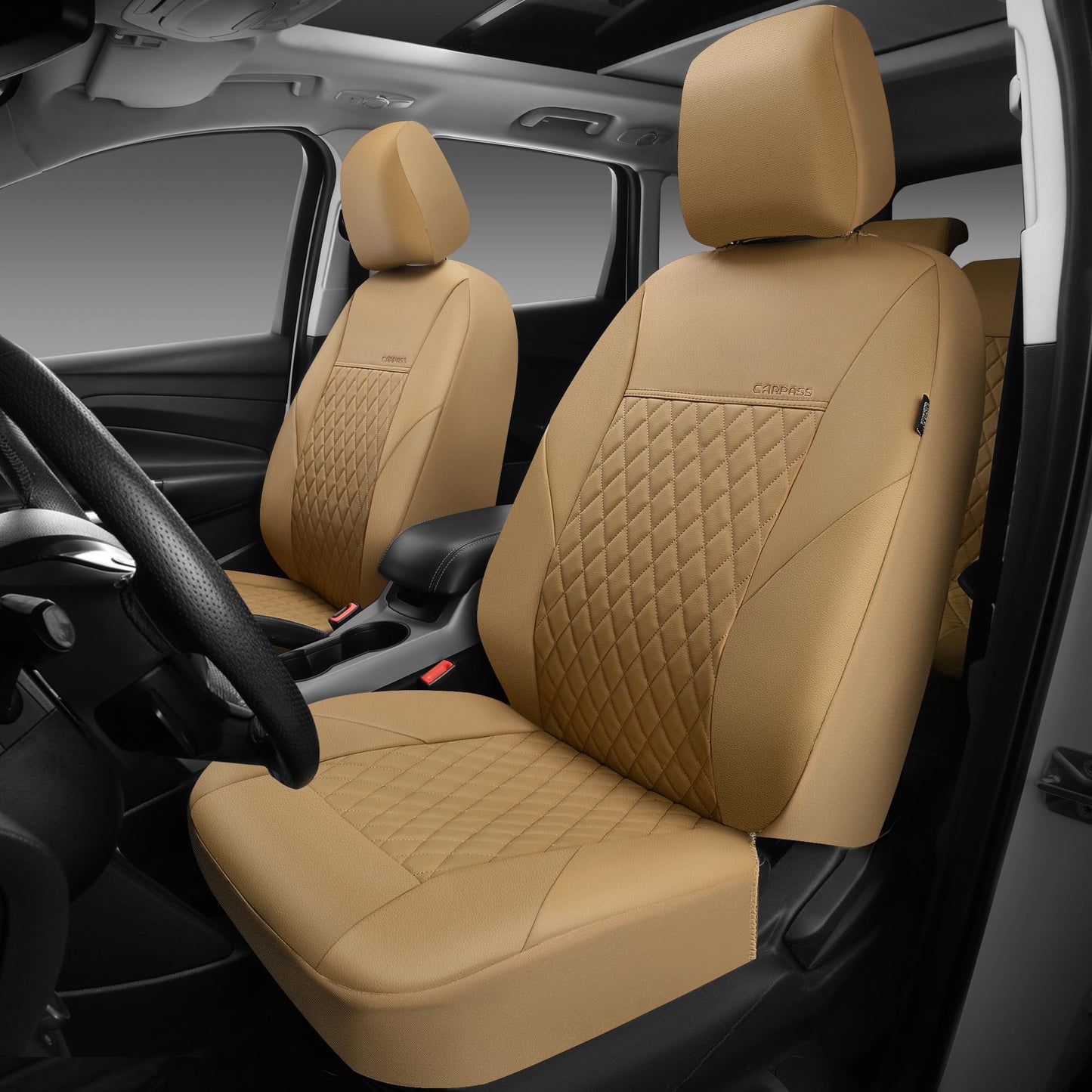 CAR PASS Quilting Leather Seat Cover Two Front Seats Only, Universal Fit Automotive Front Seat Covers Waterproof Deluxe PU Premium Vinyl Luxury for Cars Sedan Van SUV Airbag Compatible 2 Pieces,Black