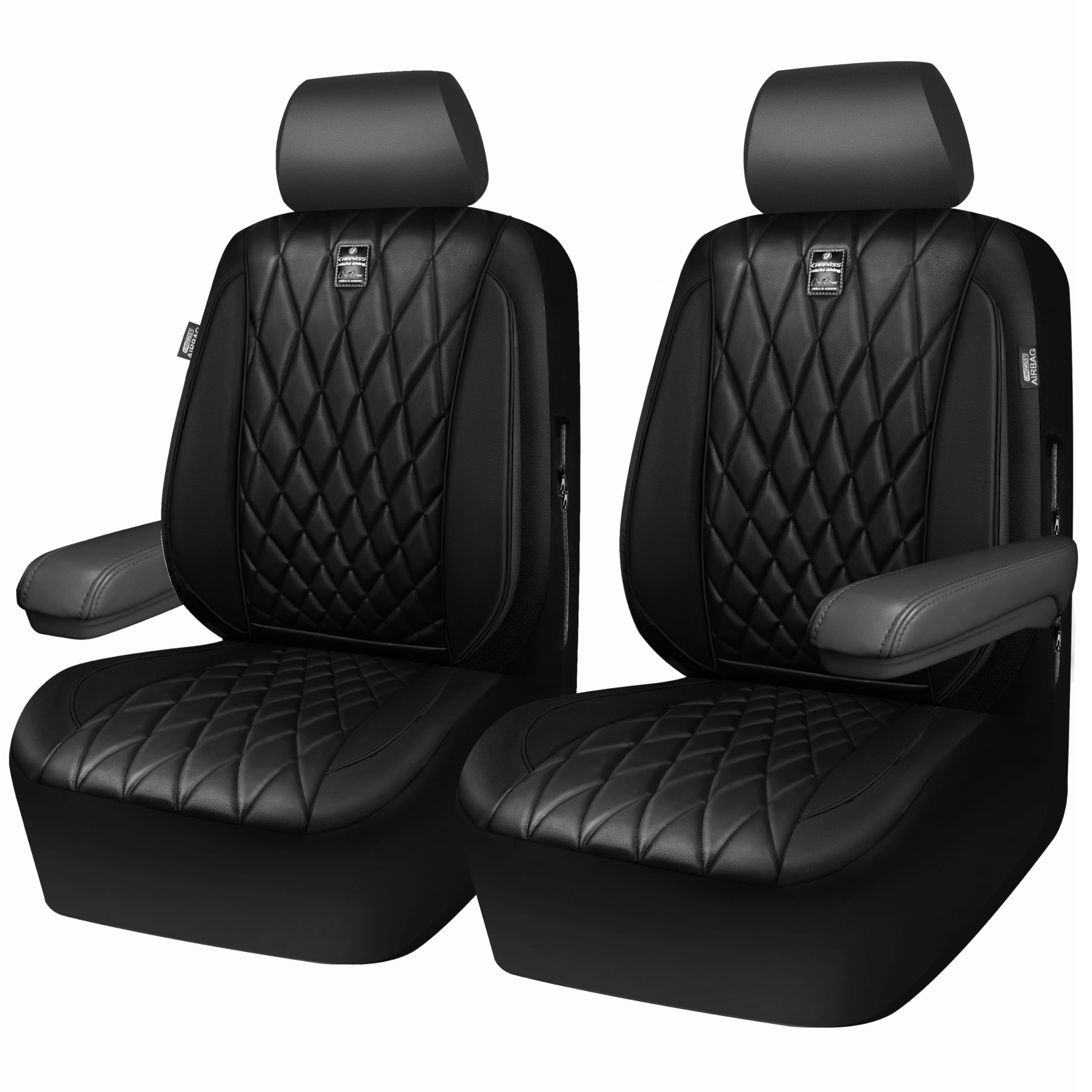 CAR PASS Piping Luxury Faux PU Leather Two Front Car Seat Covers, Waterproof Anti Slip Seat Covers Compatible with Front Seat Armrests,Universal Fit for Suvs,Vans,Trucks, Airbag Compatible(All Black)