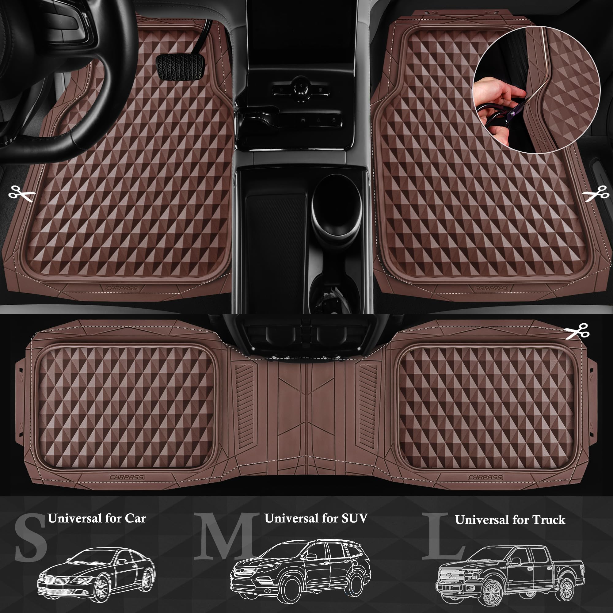 CAR PASS Heavy Duty Rubber Car Mats, Deep Dish All-Weather Floor Mat for Car Full Set Durable Anti-Slip 3D Rhombus Waterproof Trim to Fit Liner Universal Fit Automotive,Sedan,SUV,Truck, 3 Piece Black