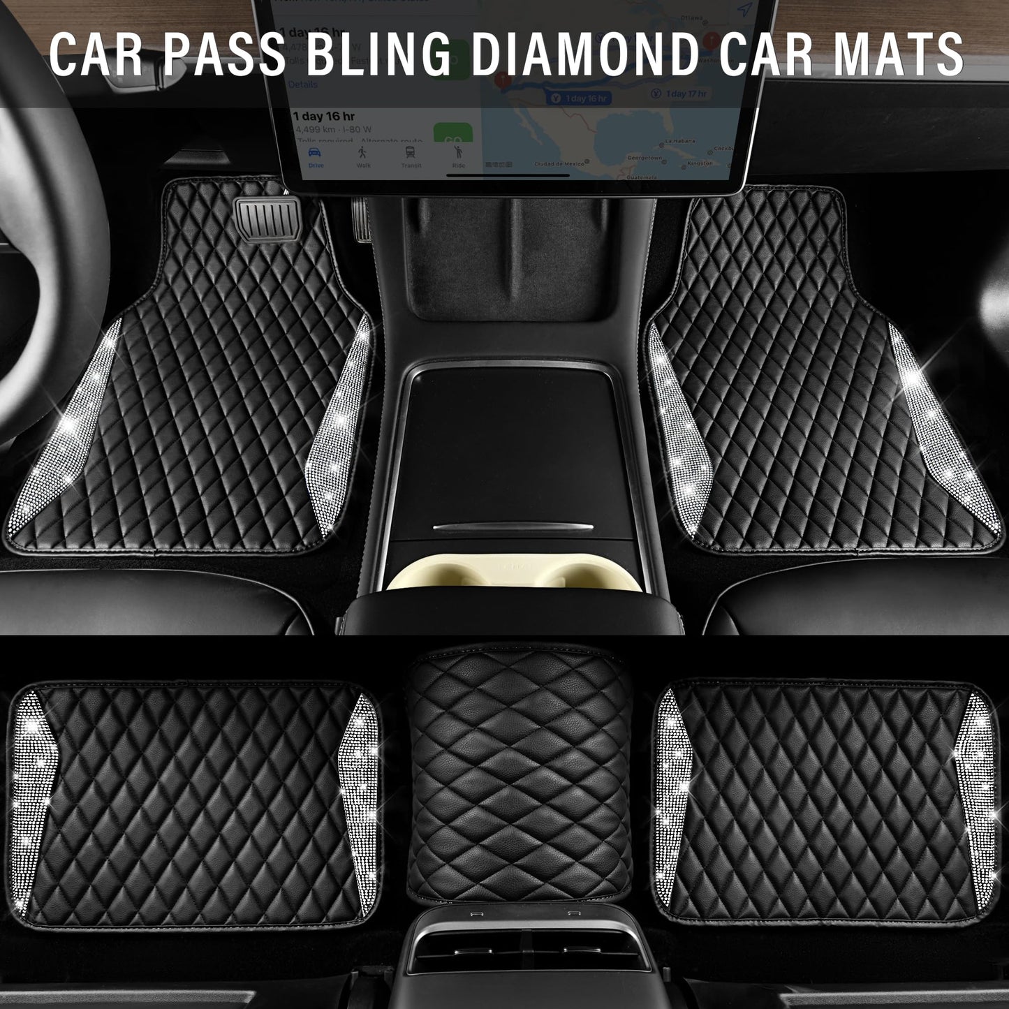 CAR PASS Bling Leather Car Mats Shining Diamond Floor Mats Sparkly Glitter Crystal Rhinestones Carpet Anti-Slip Waterproof Pad Universal Fit for Automotive SUV, Sedan, Van, 5pcs for Girl Women Black