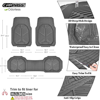 CAR PASS Heavy Duty Rubber Car Mats, Deep-Dish Odorless Car Floor Mats All Weather, Universal Trim-to-Fit for SUVs Trucks Sedans, Waterproof Anti-Slip, 3 Pieces V12 Black