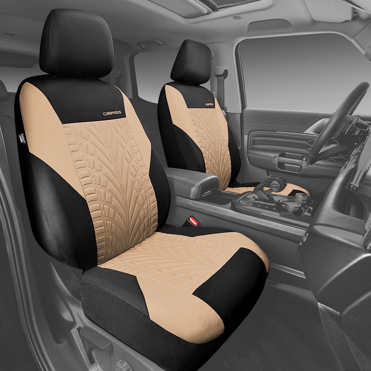 CAR PASS Car Seat Covers Full Sets, Front &amp; Split Rear Bench for Car, 3D Tyre Embossed Automotive Interior Covers, Airbag Compatible, Quick Setup Universal Fit Seat Covers for Car, SUV(All Black)