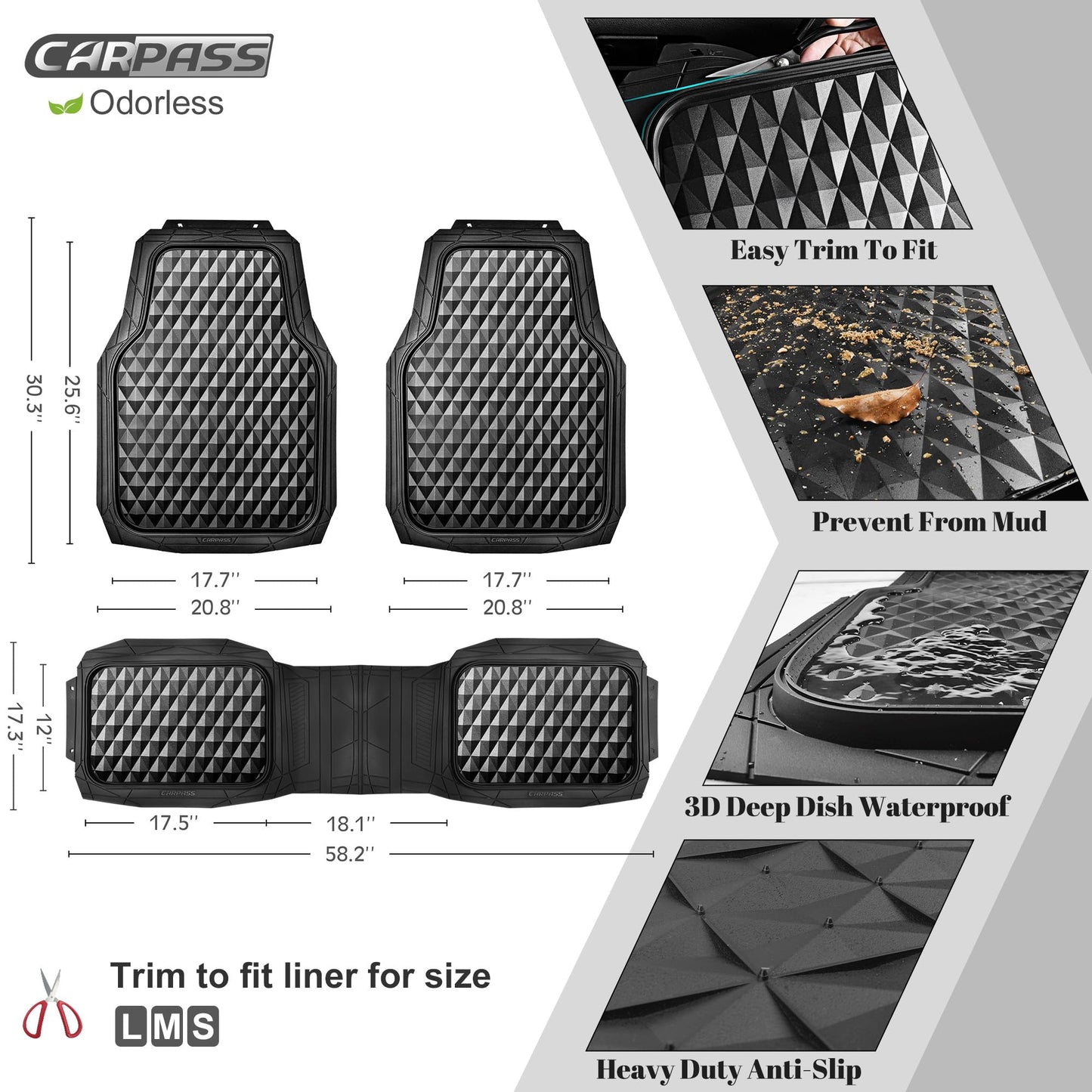 CAR PASS Heavy Duty Rubber Car Mats, Deep Dish All-Weather Floor Mat for Car Full Set Durable Anti-Slip 3D Rhombus Waterproof Trim to Fit Liner Universal Fit Automotive,Sedan,SUV,Truck, 3 Piece Black