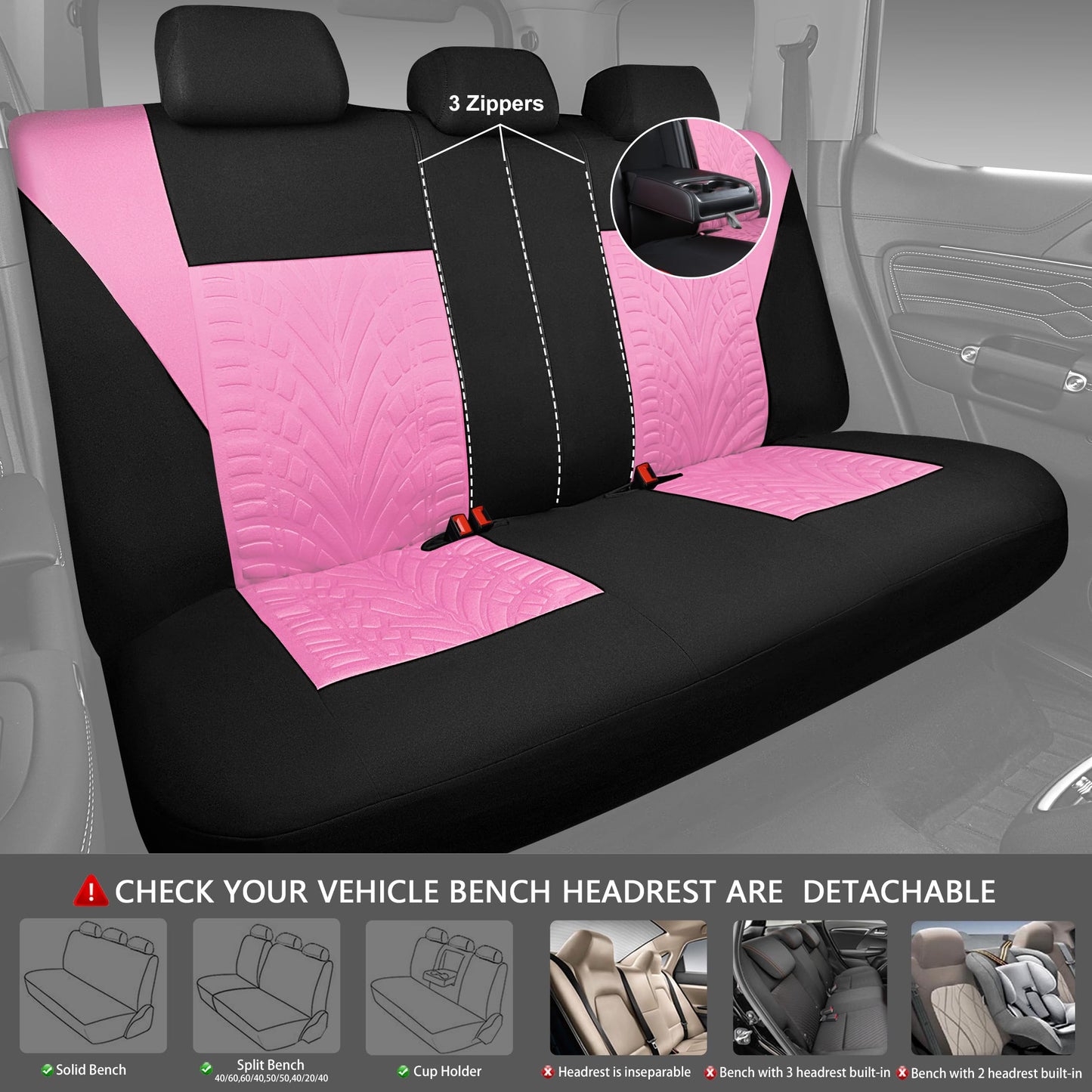 CAR PASS Car Seat Covers Full Sets, Front &amp; Split Rear Bench for Car, 3D Tyre Embossed Automotive Interior Covers, Airbag Compatible, Quick Setup Universal Fit Seat Covers for Car, SUV(All Black)