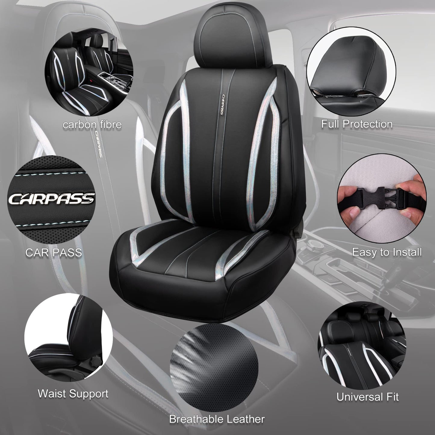 CAR Pass Nappa Leather Car Seat Covers, Durable Waterproof Luxury Universal for SUV Pick-up Truck Sedan, Anti-Slip Driver 5 Seats Covers Full Set with Backrest (Black Chameleon Iridescent Reflective)