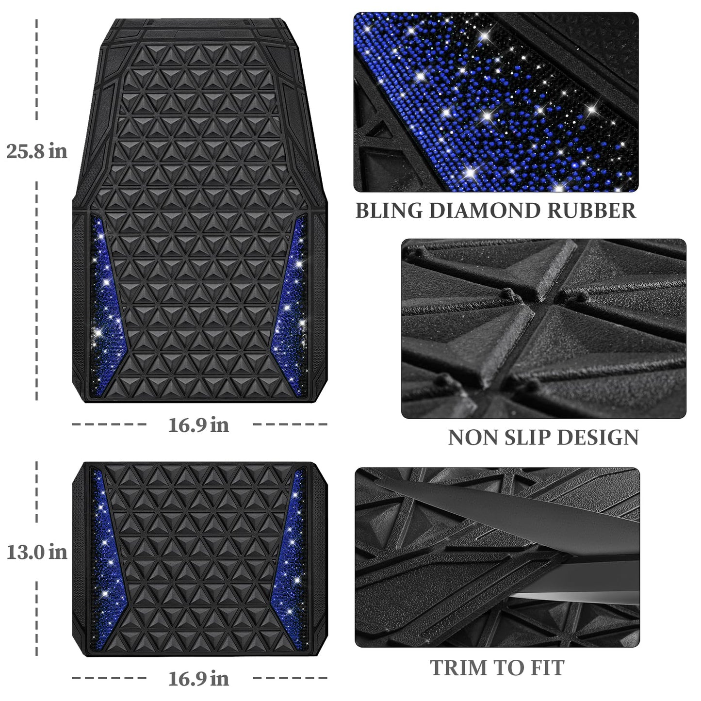 CAR PASS Bling Car Mats Diamond Rubber Floor Mats Full Set Anti-Slip 3D Rhombus Waterproof Trim to Fit Liner Universal Glitter Crystal Sparkly Shining Rhinestone Girl Women SUV Sedan Van, Black Silver