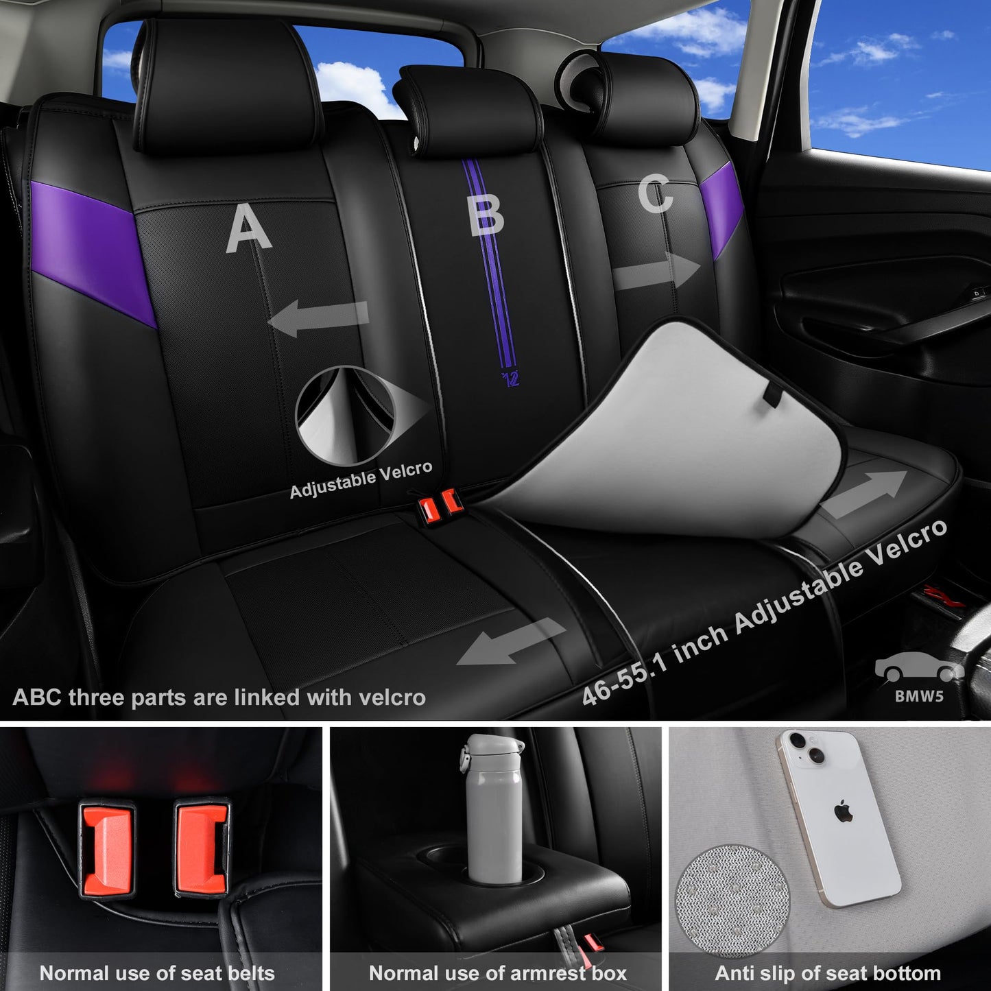 CAR PASS Nappa Leather Seat Covers, Breathable Waterproof Car Seat Covers Full Set, Luxury 3D Sponge Support Full Coverage Seat Protector, Universal Fit SUV Pick-up Truck Sedan Automotive(All Black)