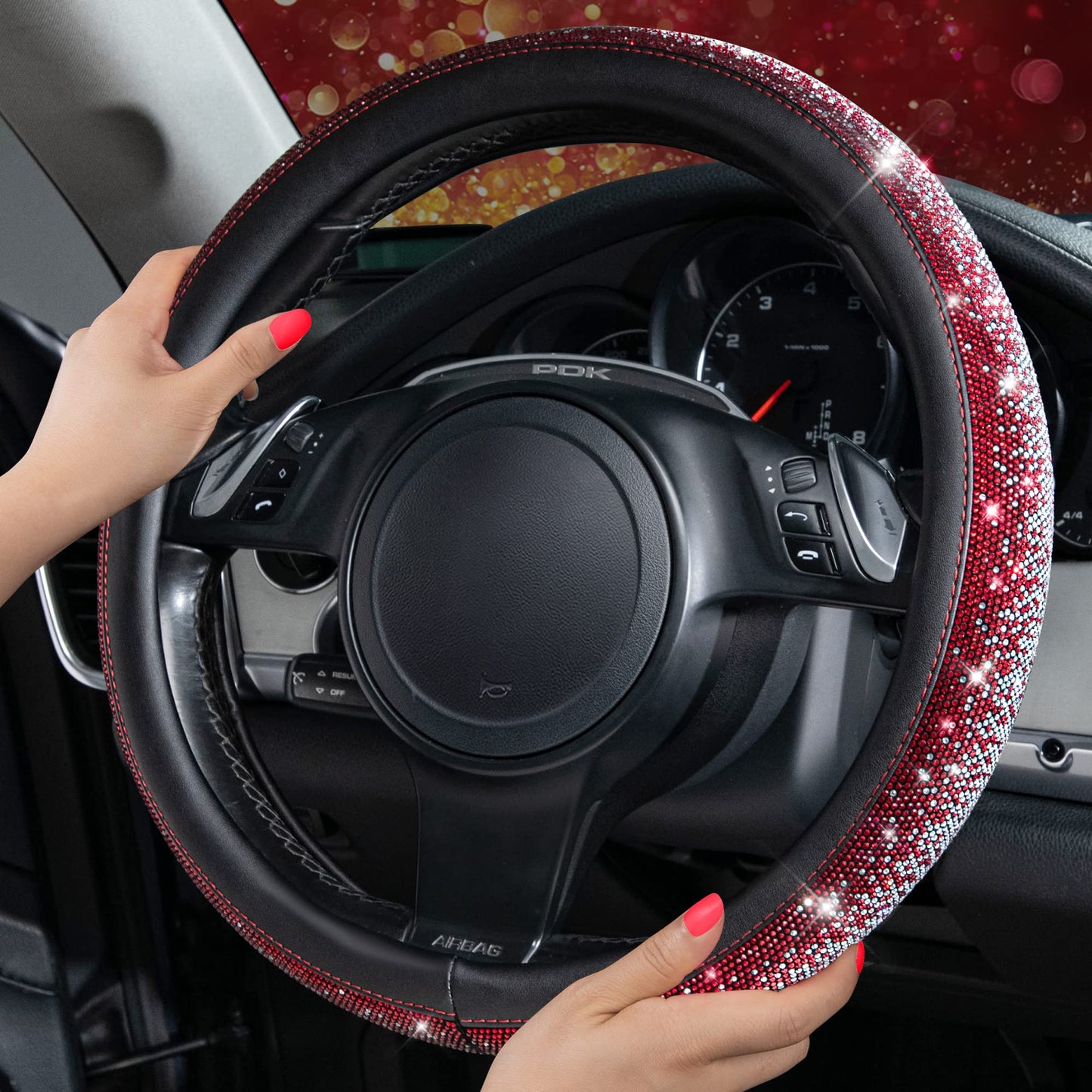 CAR PASS Bling Diamond Leather Steering Wheel Cover, With Sparkly Crystal Glitter Rhinestones Universal Fit 14"1/2-15" Car Wheel Protector for Women Girl Fit Suvs,Vans,Sedans,Car,Trucks, Black Diamond