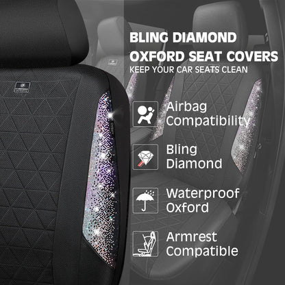 CAR PASS Oxford Bling Diamond Car Seat Covers 2 Front Interior Sets, Waterproof Shining Glitter Sparkly Crystal Universal Armrest Fit 95% Automotive Truck SUV Cute Women Girl, Black Red Rhinestone