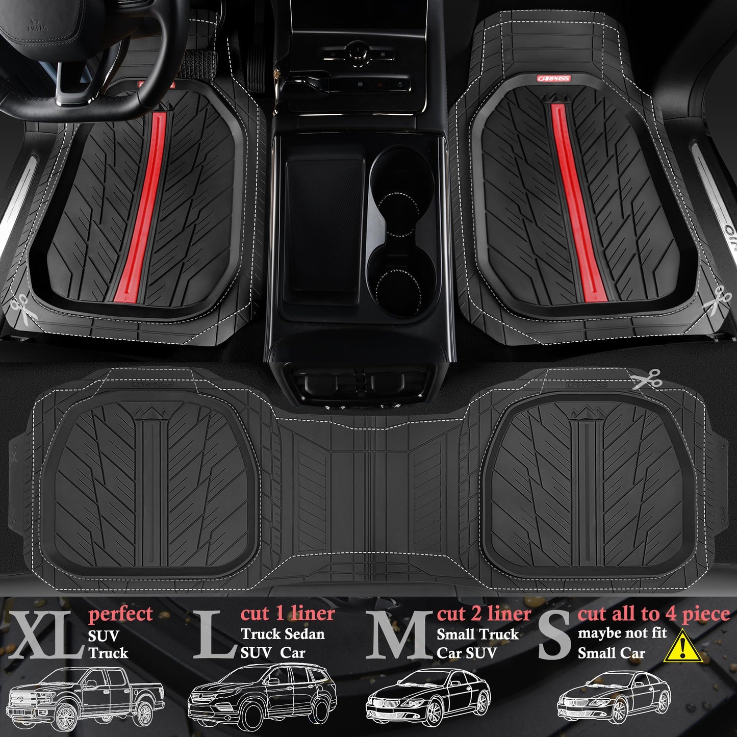 CAR PASS DeepDish Floor Mats for Cars, Heavy Duty Rubber Car Mats 3-Piece, Universal M~XL Size Trim-to Fit Automotive Floor Mats for Truck Van SUV Durable Waterproof All Weather Car Mats (Solid Black)