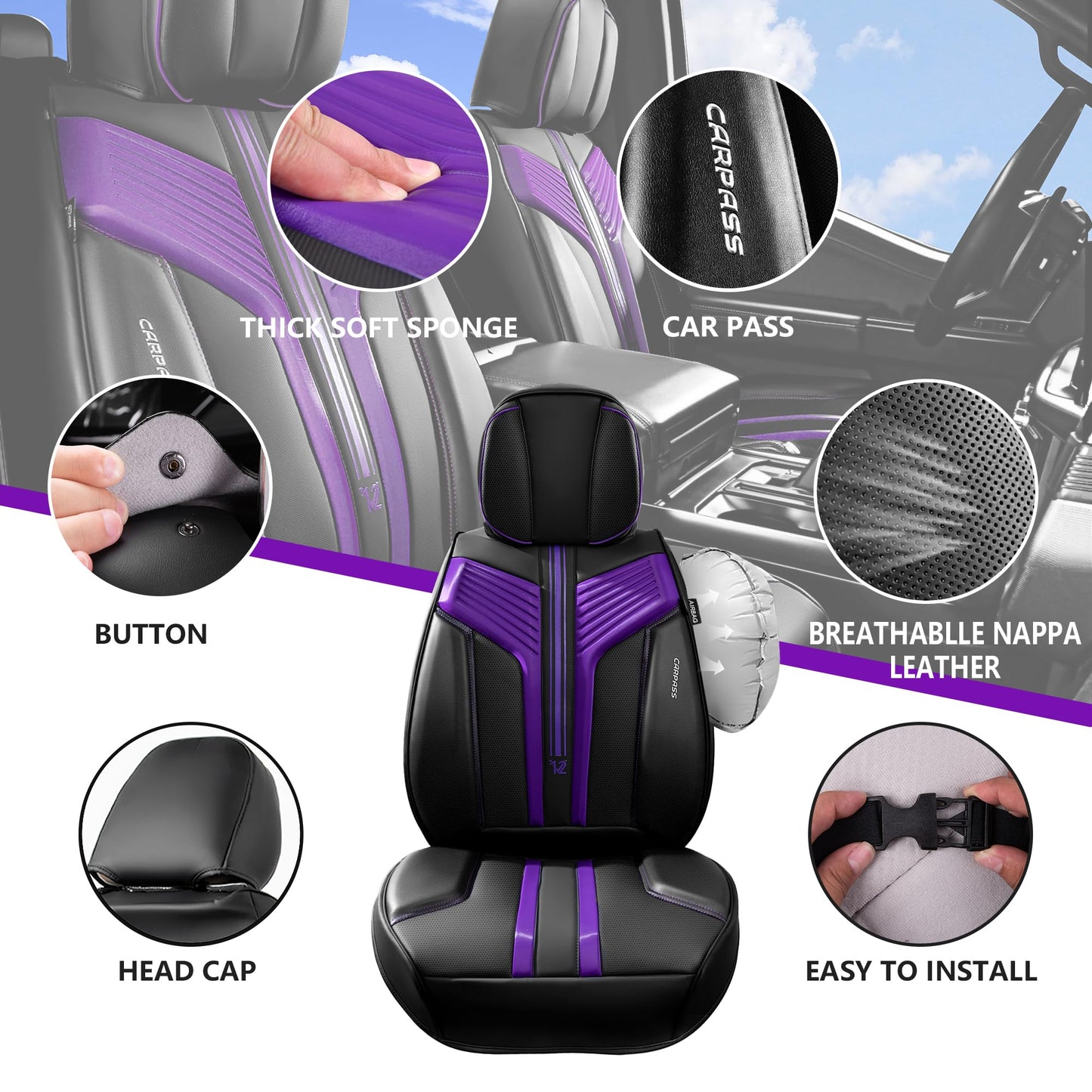 CAR PASS Nappa Leather Seat Covers, Breathable Waterproof Car Seat Covers Full Set, Luxury 3D Sponge Support Full Coverage Seat Protector, Universal Fit SUV Pick-up Truck Sedan Automotive(All Black)