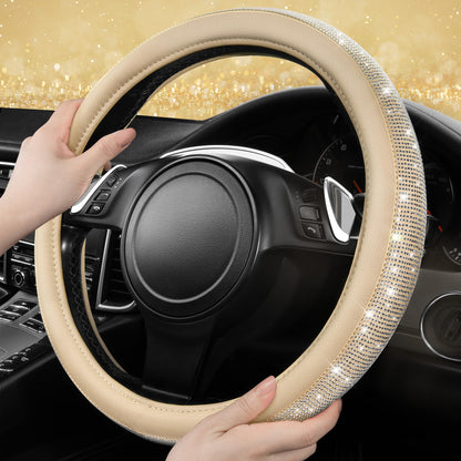 CAR PASS Bling Diamond Leather Steering Wheel Cover, With Sparkly Crystal Glitter Rhinestones Universal Fit 14"1/2-15" Car Wheel Protector for Women Girl Fit Suvs,Vans,Sedans,Car,Trucks, Black Diamond