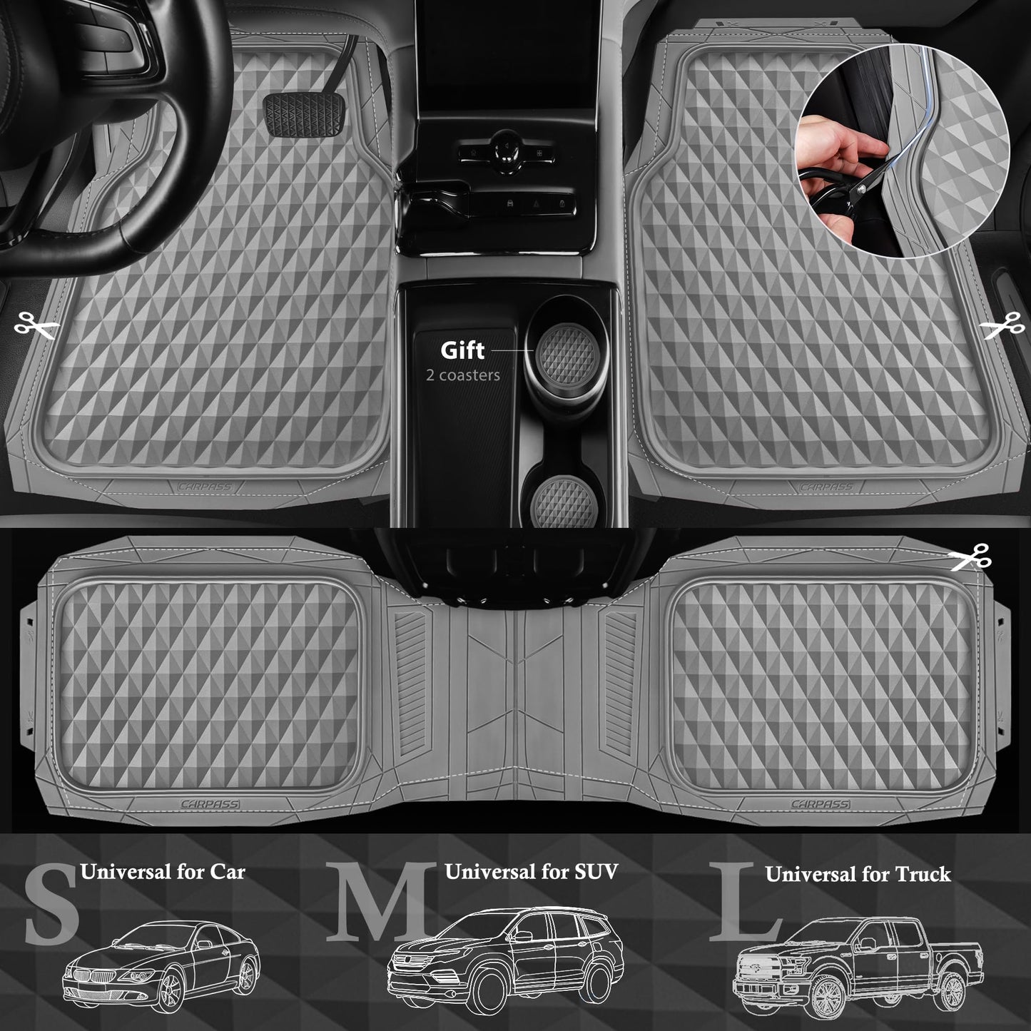 CAR PASS Heavy Duty Rubber Car Mats, Deep Dish All-Weather Floor Mat for Car Full Set Durable Anti-Slip 3D Rhombus Waterproof Trim to Fit Liner Universal Fit Automotive,Sedan,SUV,Truck, 3 Piece Black