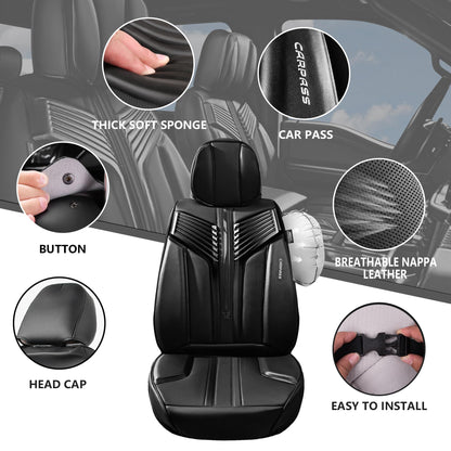 CAR PASS Nappa Leather Seat Covers, Breathable Waterproof Car Seat Covers Full Set, Luxury 3D Sponge Support Full Coverage Seat Protector, Universal Fit SUV Pick-up Truck Sedan Automotive(All Black)