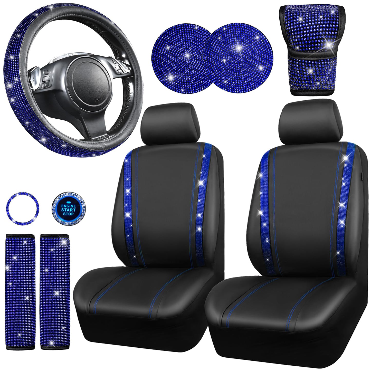 CAR PASS 7 PCS Bling Car Accessories for Women, Sparkly Rhinestone Diamond Steering Wheel Cover, Bling Seat Belt Cushion, Glitter Shift Knob Cover, Car Cup Holder Coaster, Cute Interior Sets Silver