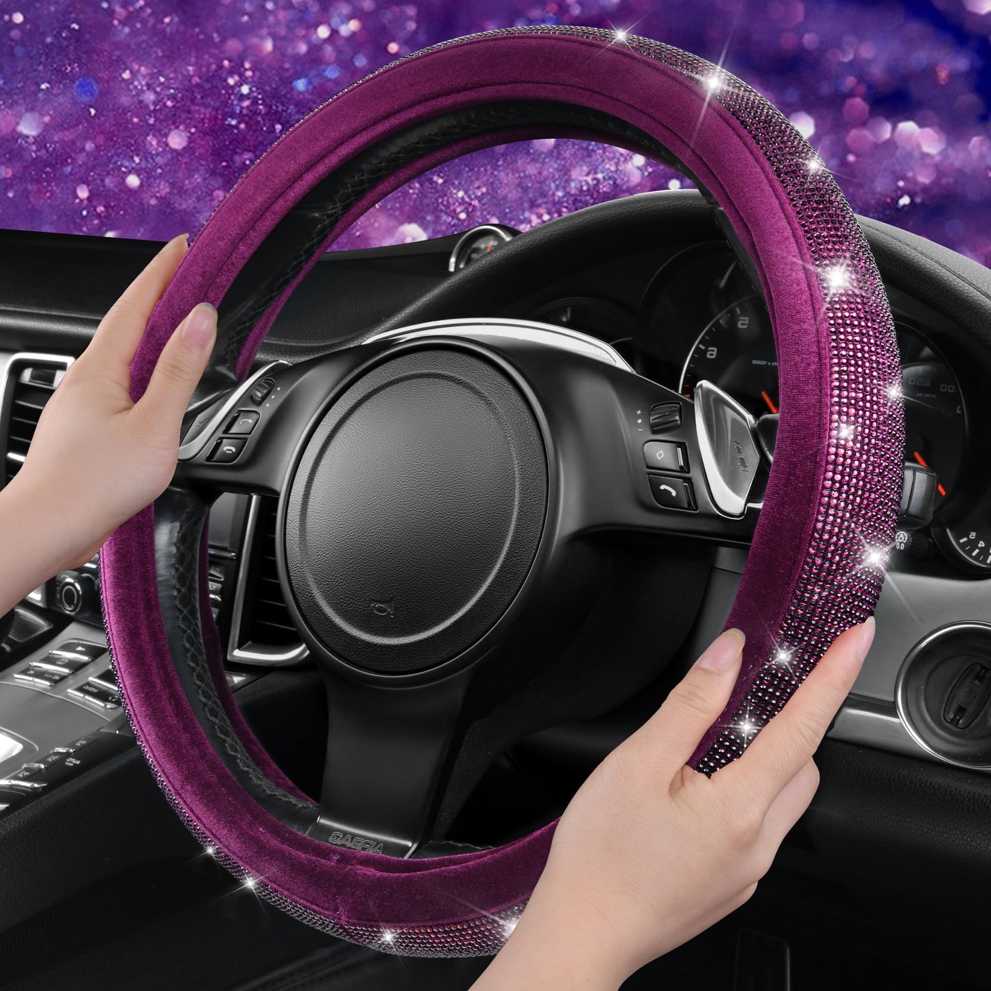 CAR PASS Bling Diamond Leather Steering Wheel Cover, With Sparkly Crystal Glitter Rhinestones Universal Fit 14"1/2-15" Car Wheel Protector for Women Girl Fit Suvs,Vans,Sedans,Car,Trucks, Black Diamond