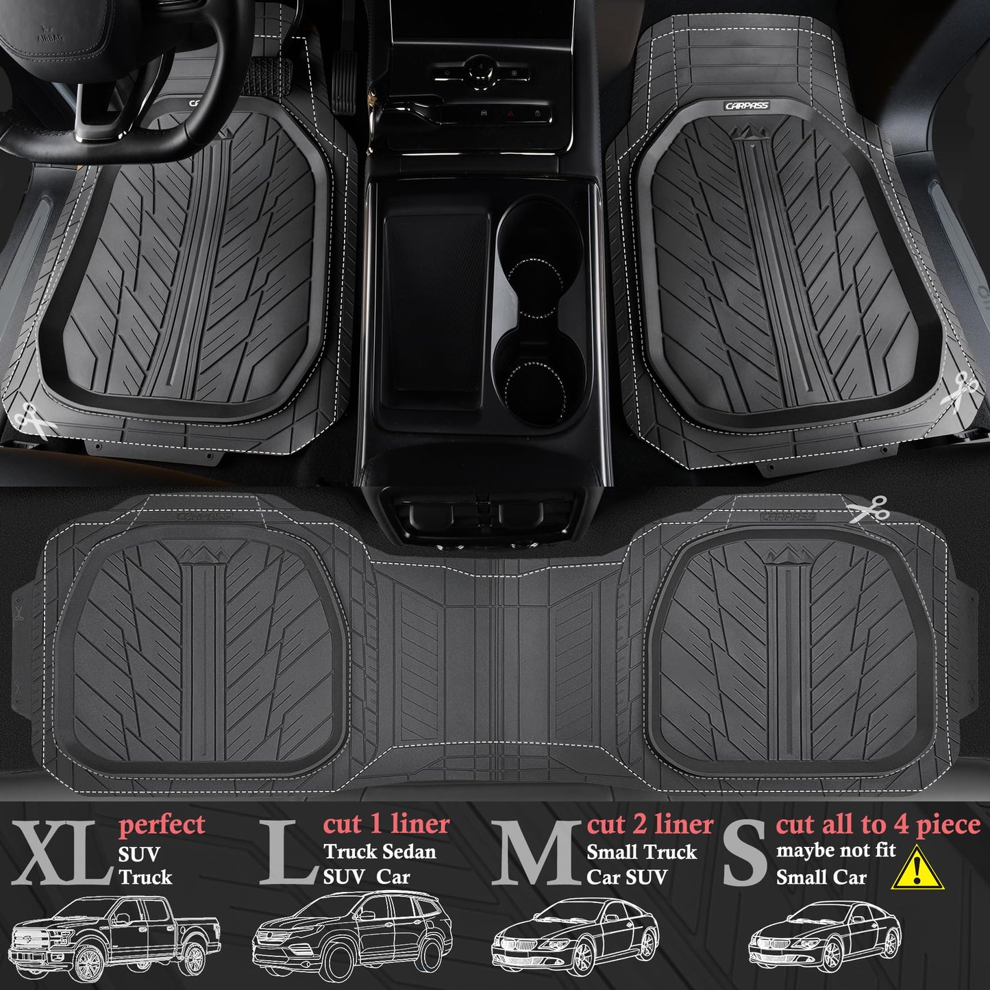 CAR PASS DeepDish Floor Mats for Cars, Heavy Duty Rubber Car Mats 3-Piece, Universal M~XL Size Trim-to Fit Automotive Floor Mats for Truck Van SUV Durable Waterproof All Weather Car Mats (Solid Black)