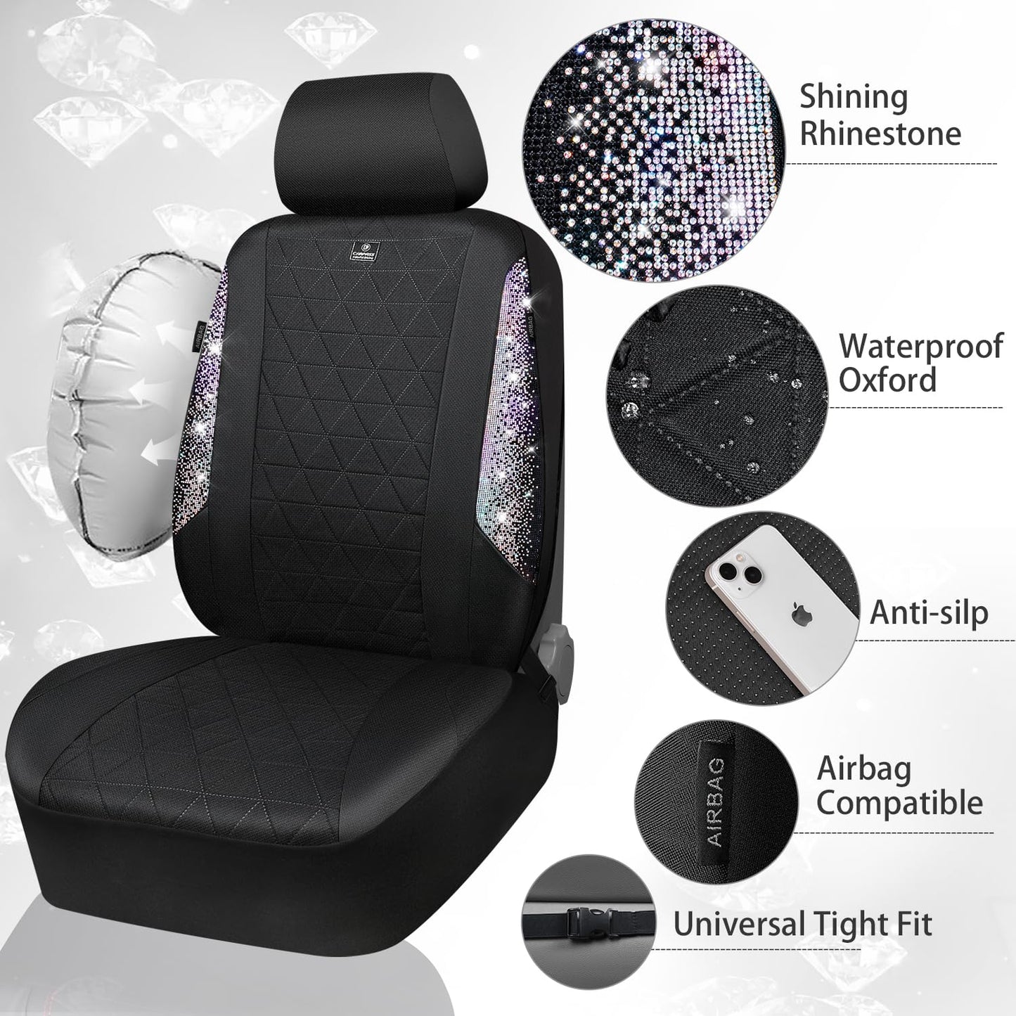 CAR PASS Oxford Bling Diamond Car Seat Covers 2 Front Interior Sets, Waterproof Shining Glitter Sparkly Crystal Universal Armrest Fit 95% Automotive Truck SUV Cute Women Girl, Black Red Rhinestone