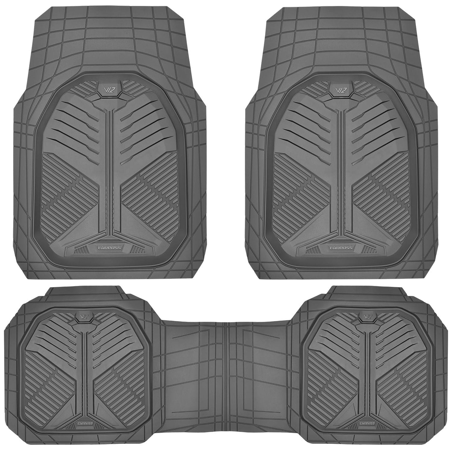 CAR PASS Heavy Duty Rubber Car Mats, Deep-Dish Odorless Car Floor Mats All Weather, Universal Trim-to-Fit for SUVs Trucks Sedans, Waterproof Anti-Slip, 3 Pieces V12 Black