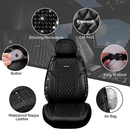 CAR Pass Bling Car Seat Covers, Microfiber Nappa Leather Luxury Cushioned, Waterproof Heavy-Duty Anti-Slip Universal Fit for Auto SUV Sedan,Sparkly Glitter Shining Rhinestone Full Set, Black Diamond