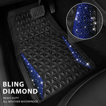 CAR PASS Bling Car Mats Diamond Rubber Floor Mats Full Set Anti-Slip 3D Rhombus Waterproof Trim to Fit Liner Universal Glitter Crystal Sparkly Shining Rhinestone Girl Women SUV Sedan Van, Black Silver