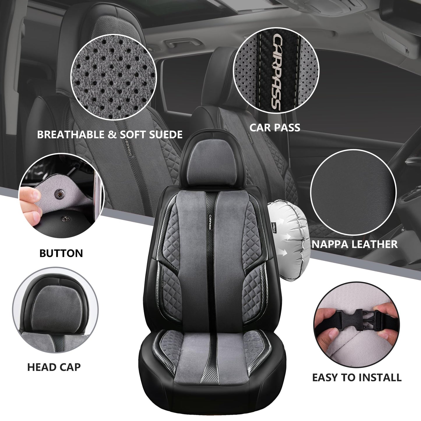 CAR PASS Nappa PU Leather Car Seat Covers Full Set Waterproof Protector Durable Cushioned,Universal Fit for Sedan SUV Pick-up Truck,Automotive, Anti-Slip and Backseat Luxury Premium Deluxe(Black)