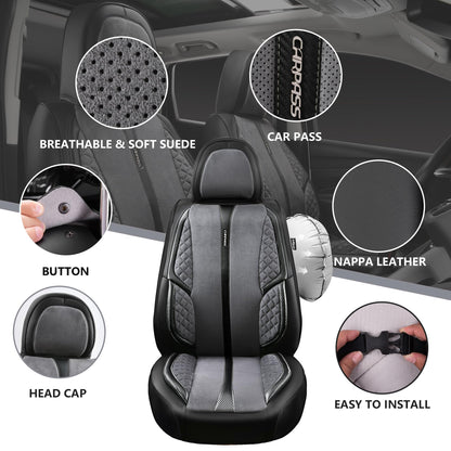 CAR PASS Nappa PU Leather Car Seat Covers Full Set Waterproof Protector Durable Cushioned,Universal Fit for Sedan SUV Pick-up Truck,Automotive, Anti-Slip and Backseat Luxury Premium Deluxe(Black)