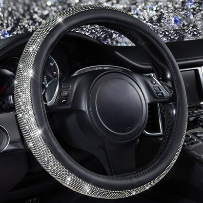 CAR PASS Bling Diamond Leather Steering Wheel Cover, With Sparkly Crystal Glitter Rhinestones Universal Fit 14"1/2-15" Car Wheel Protector for Women Girl Fit Suvs,Vans,Sedans,Car,Trucks, Black Diamond