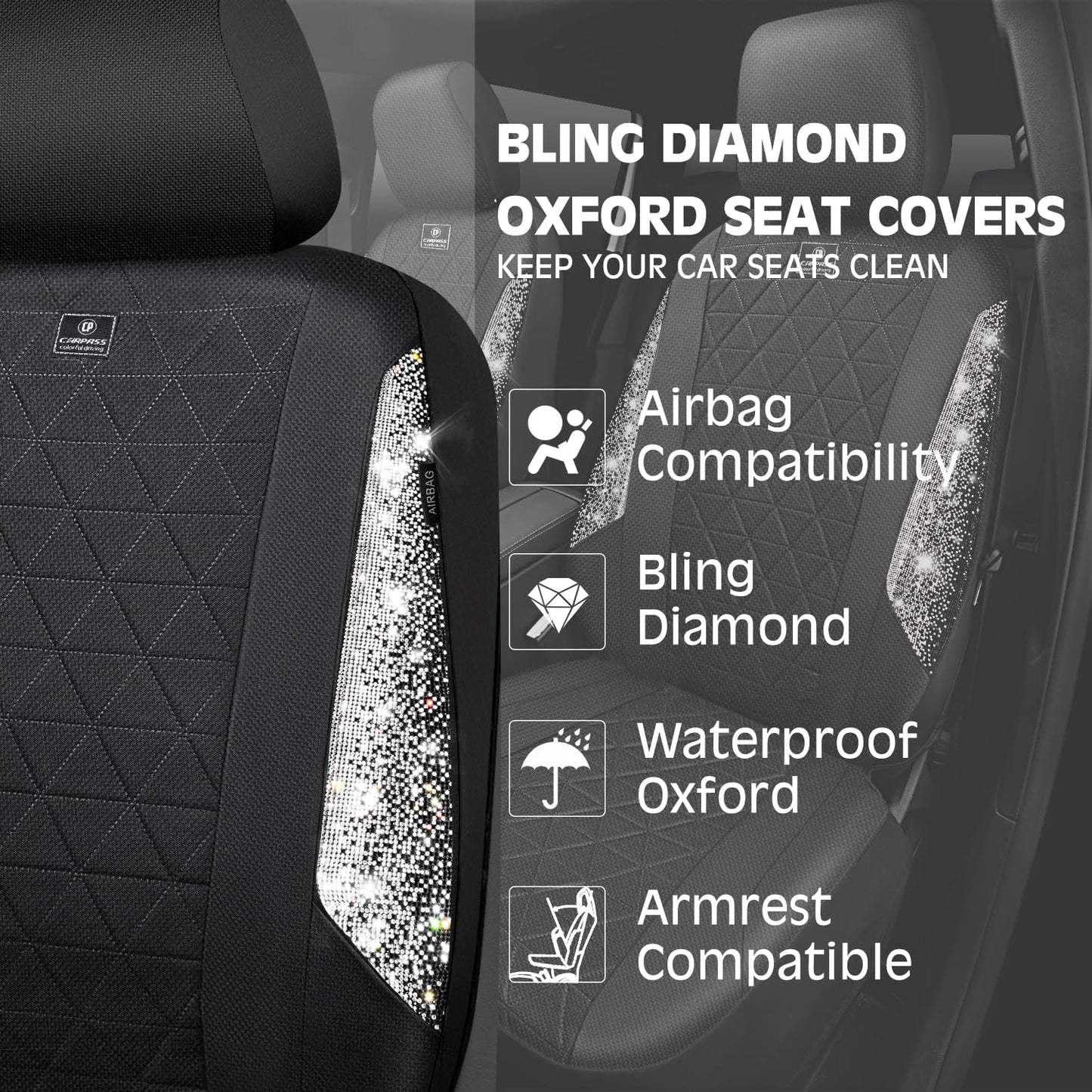 CAR PASS Oxford Bling Diamond Car Seat Covers 2 Front Interior Sets, Waterproof Shining Glitter Sparkly Crystal Universal Armrest Fit 95% Automotive Truck SUV Cute Women Girl, Black Red Rhinestone