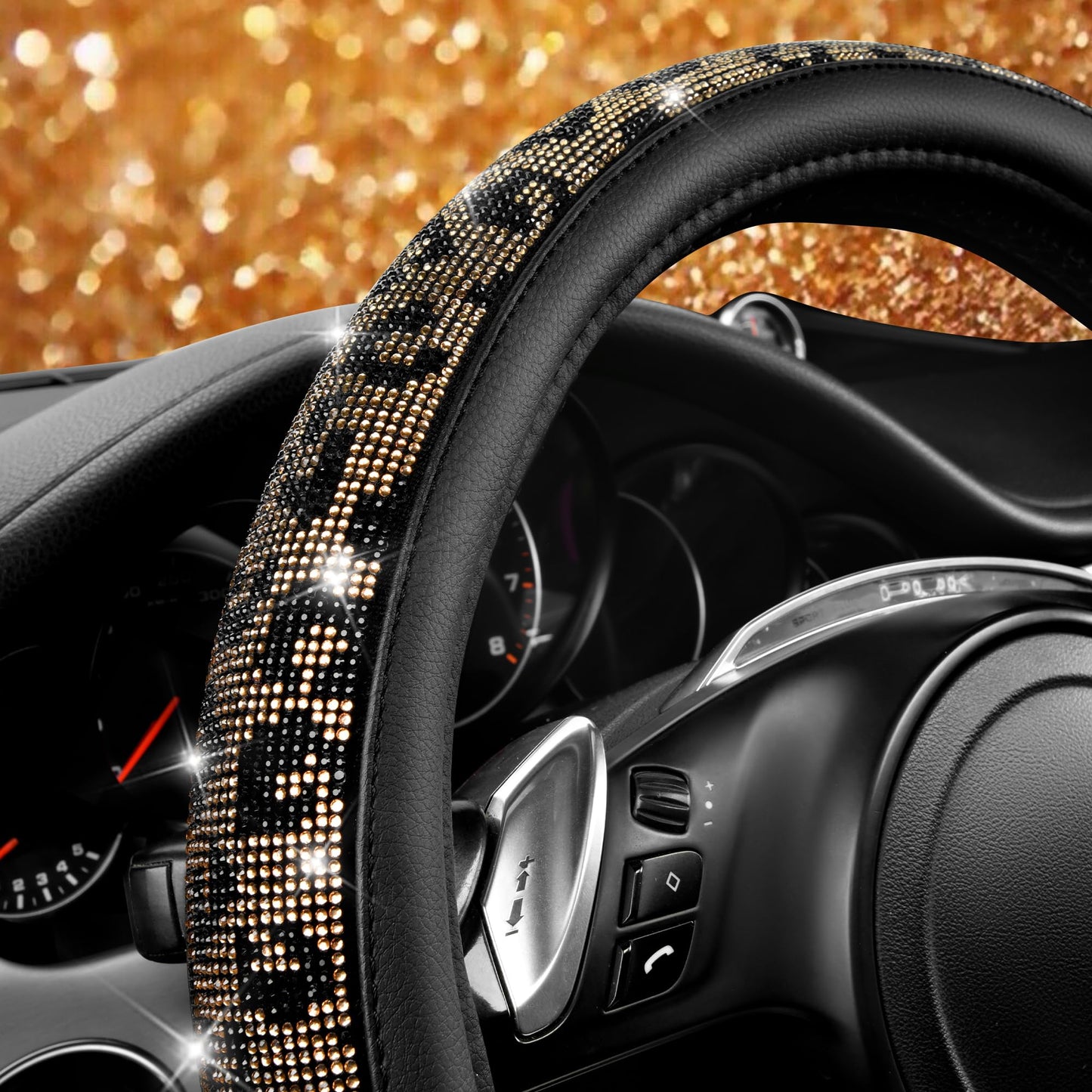 CAR PASS Bling Diamond Leather Steering Wheel Cover, With Sparkly Crystal Glitter Rhinestones Universal Fit 14"1/2-15" Car Wheel Protector for Women Girl Fit Suvs,Vans,Sedans,Car,Trucks, Black Diamond