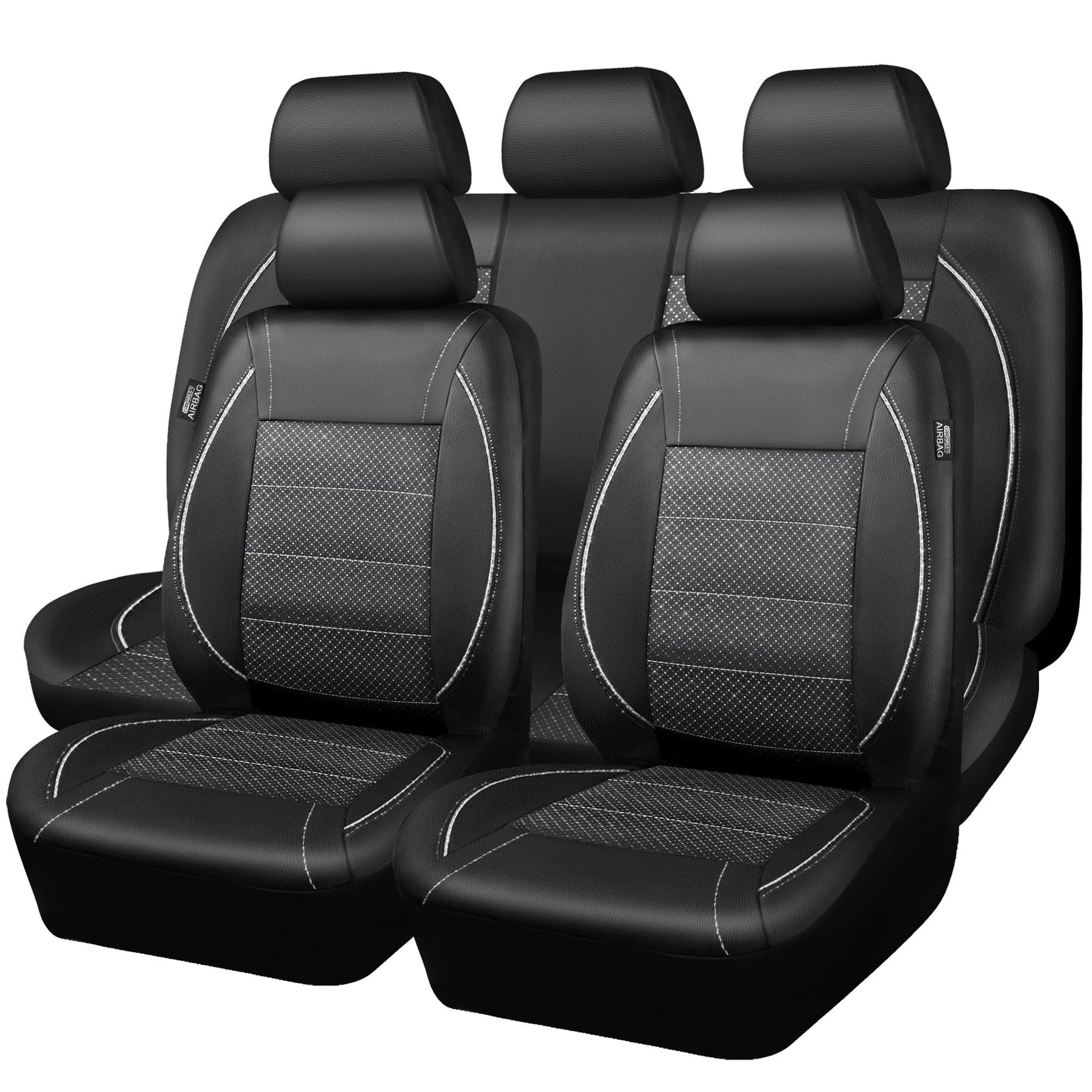 CAR PASS Universal Reflect Piping Leather Car Seat Cover, Fit for suvs,Van,Trucks,Airbag Compatible,Inside Zipper Design and Reserved Opening Holes (Full Set, Black and Grey)