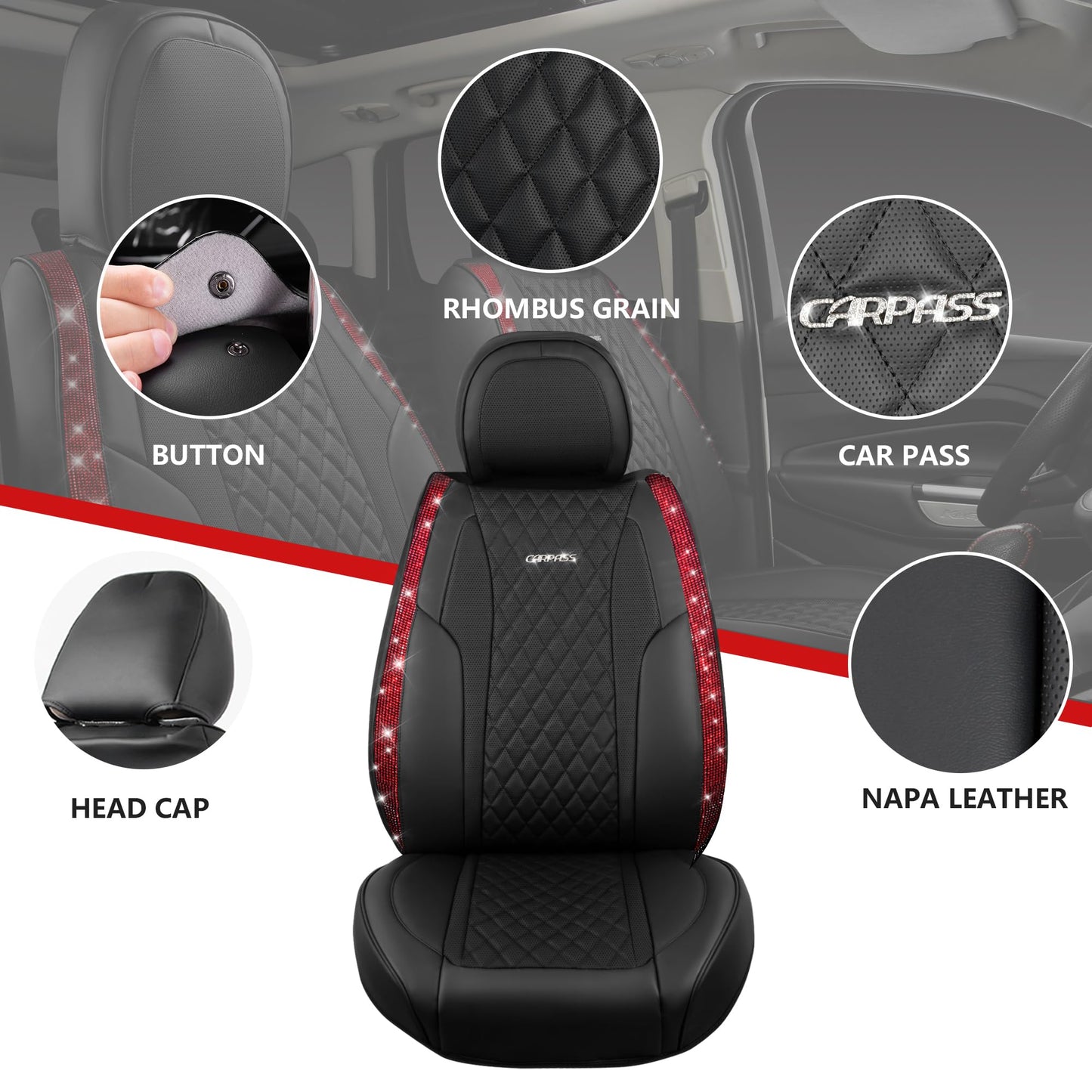 CAR Pass Bling Car Seat Covers, Microfiber Nappa Leather Luxury Cushioned, Waterproof Heavy-Duty Anti-Slip Universal Fit for Auto SUV Sedan,Sparkly Glitter Shining Rhinestone Full Set, Black Diamond