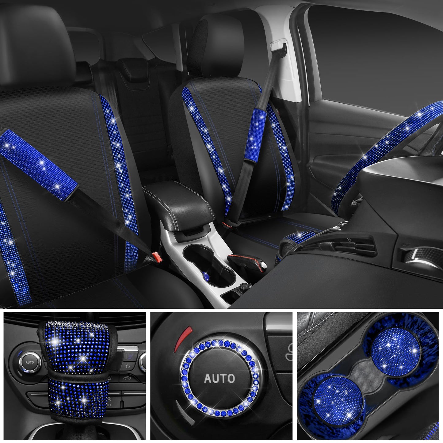 CAR PASS 7 PCS Bling Car Accessories for Women, Sparkly Rhinestone Diamond Steering Wheel Cover, Bling Seat Belt Cushion, Glitter Shift Knob Cover, Car Cup Holder Coaster, Cute Interior Sets Silver