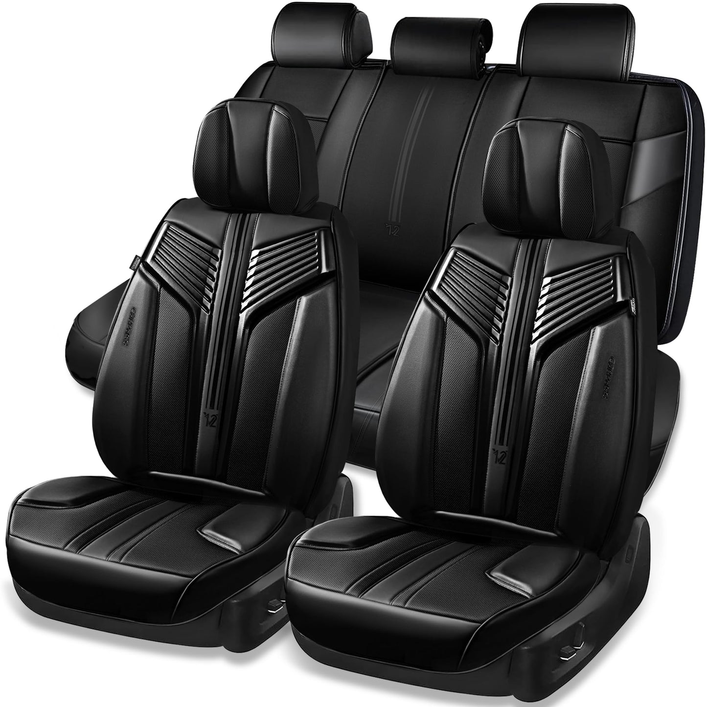 CAR PASS Nappa Leather Seat Covers, Breathable Waterproof Car Seat Covers Full Set, Luxury 3D Sponge Support Full Coverage Seat Protector, Universal Fit SUV Pick-up Truck Sedan Automotive(All Black)