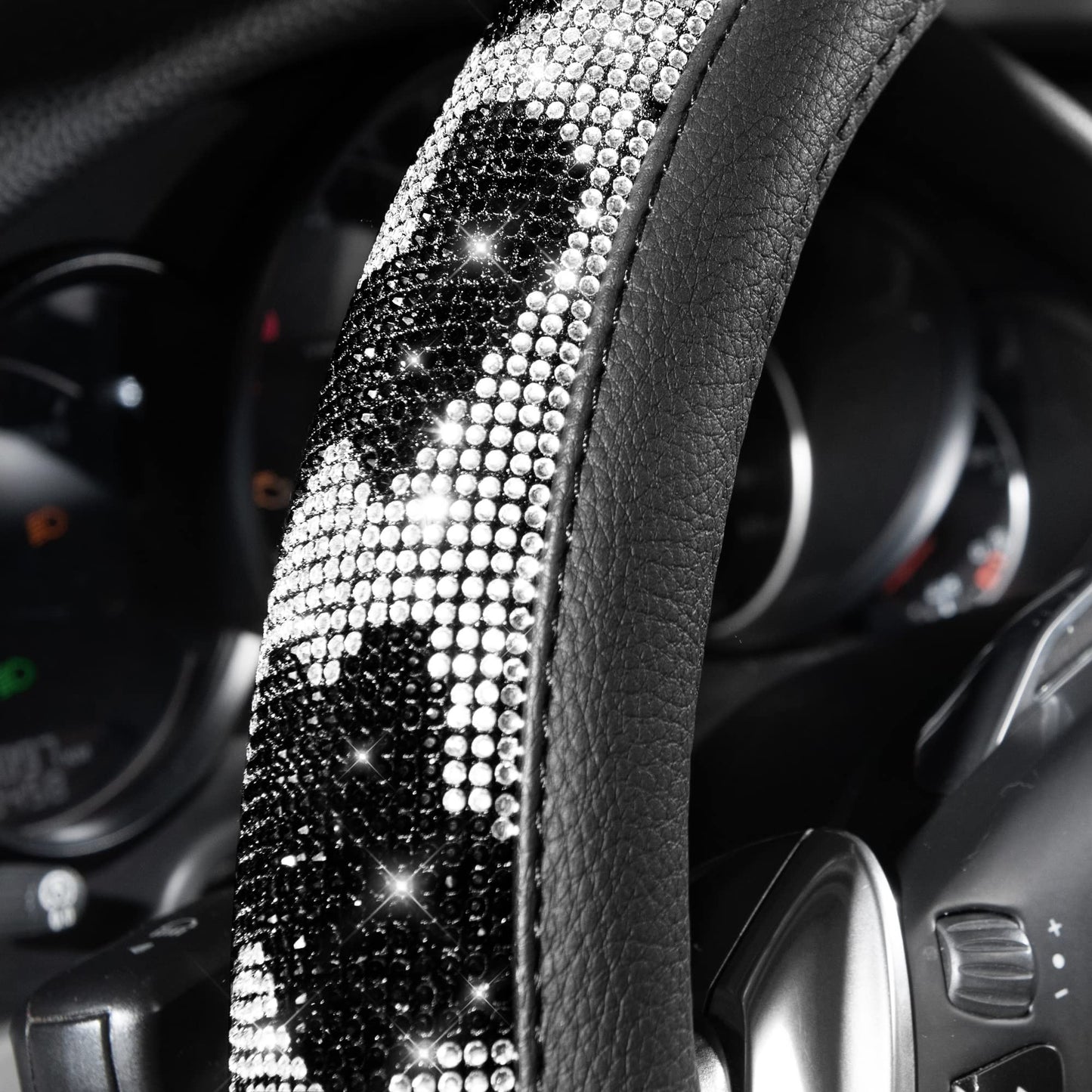 CAR PASS Bling Diamond Leather Steering Wheel Cover, With Sparkly Crystal Glitter Rhinestones Universal Fit 14"1/2-15" Car Wheel Protector for Women Girl Fit Suvs,Vans,Sedans,Car,Trucks, Black Diamond