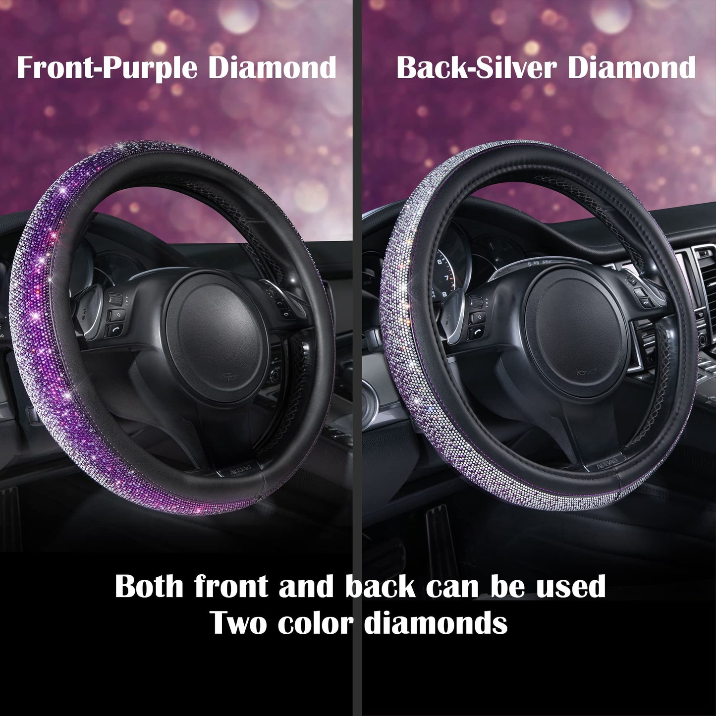 CAR PASS Bling Diamond Leather Steering Wheel Cover, With Sparkly Crystal Glitter Rhinestones Universal Fit 14"1/2-15" Car Wheel Protector for Women Girl Fit Suvs,Vans,Sedans,Car,Trucks, Black Diamond