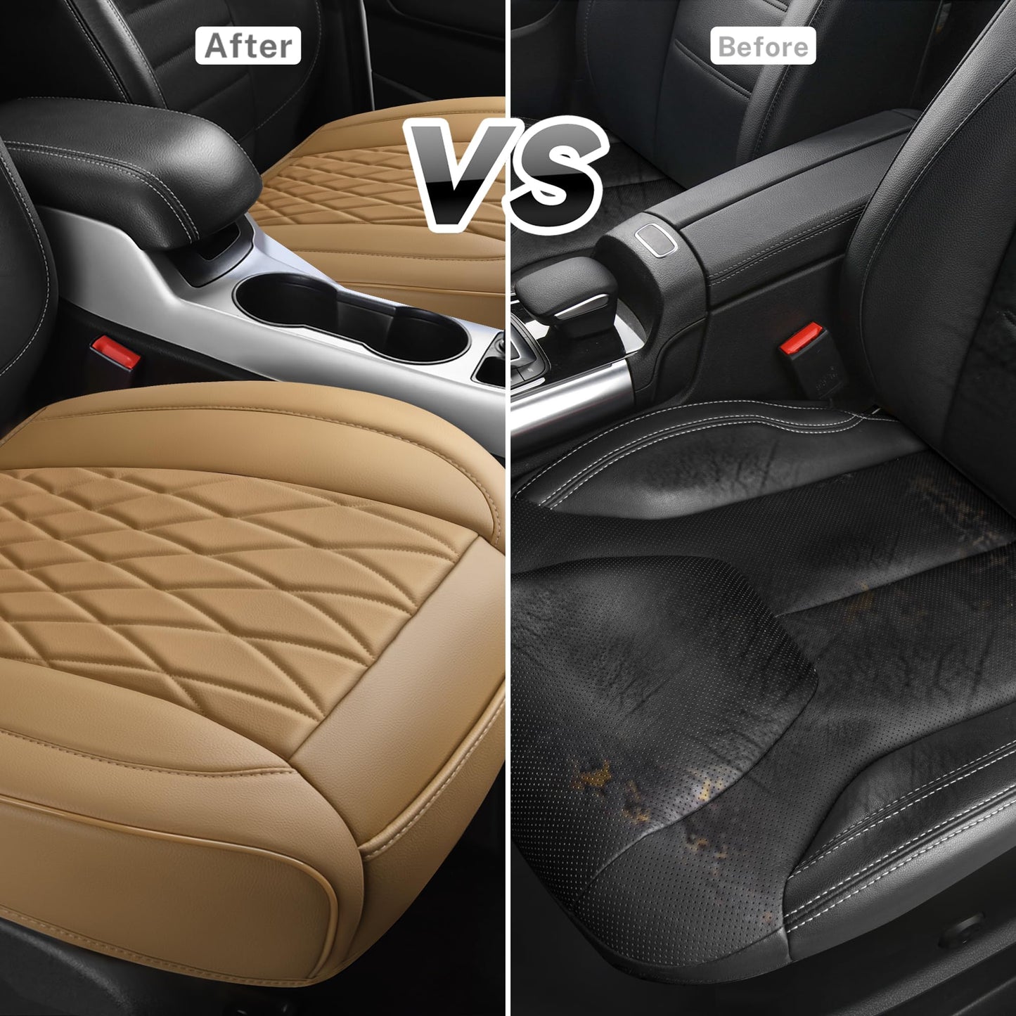 CAR PASS 2 Pack Leather Front Car Seat Covers, Bottom Seat Covers Full Wrapped with Storage Pocket, Anti-Slip Leather Seat Protectors,Waterproof Seat Cushion Pad Universal Fit Sedan SUV Truck, Beige