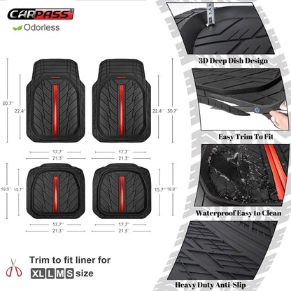 CAR PASS DeepDish Floor Mats for Cars, Heavy Duty Rubber Car Mats 3-Piece, Universal M~XL Size Trim-to Fit Automotive Floor Mats for Truck Van SUV Durable Waterproof All Weather Car Mats (Solid Black)